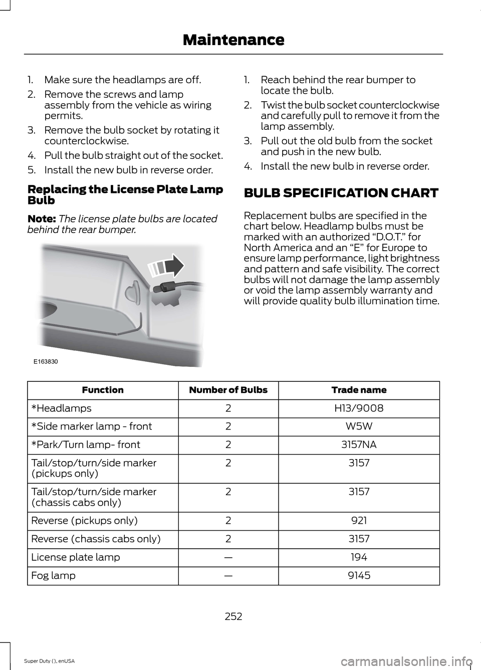 FORD SUPER DUTY 2015 3.G Owners Manual 1.Make sure the headlamps are off.
2.Remove the screws and lampassembly from the vehicle as wiringpermits.
3.Remove the bulb socket by rotating itcounterclockwise.
4.Pull the bulb straight out of the FORD SUPER DUTY 2015 3.G Owners Manual 1.Make sure the headlamps are off.
2.Remove the screws and lampassembly from the vehicle as wiringpermits.
3.Remove the bulb socket by rotating itcounterclockwise.
4.Pull the bulb straight out of the