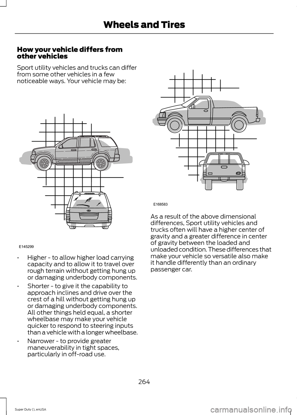 FORD SUPER DUTY 2015 3.G Owners Manual How your vehicle differs fromother vehicles
Sport utility vehicles and trucks can differfrom some other vehicles in a fewnoticeable ways. Your vehicle may be:
•Higher - to allow higher load carrying FORD SUPER DUTY 2015 3.G Owners Manual How your vehicle differs fromother vehicles
Sport utility vehicles and trucks can differfrom some other vehicles in a fewnoticeable ways. Your vehicle may be:
•Higher - to allow higher load carrying