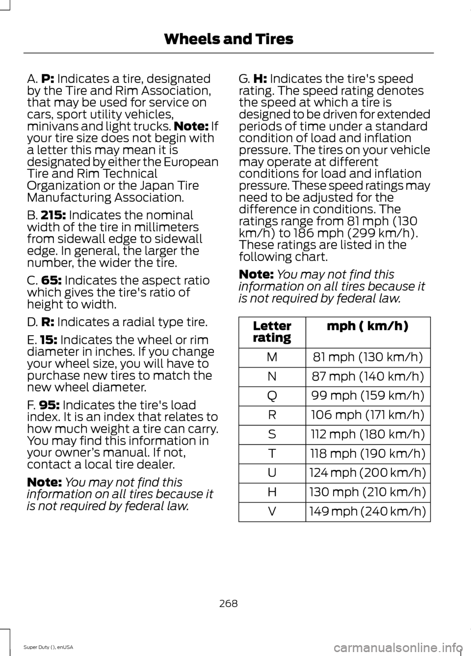 FORD SUPER DUTY 2015 3.G Owners Manual A.P: Indicates a tire, designatedby the Tire and Rim Association,that may be used for service oncars, sport utility vehicles,minivans and light trucks.Note: Ifyour tire size does not begin witha lette FORD SUPER DUTY 2015 3.G Owners Manual A.P: Indicates a tire, designatedby the Tire and Rim Association,that may be used for service oncars, sport utility vehicles,minivans and light trucks.Note: Ifyour tire size does not begin witha lette