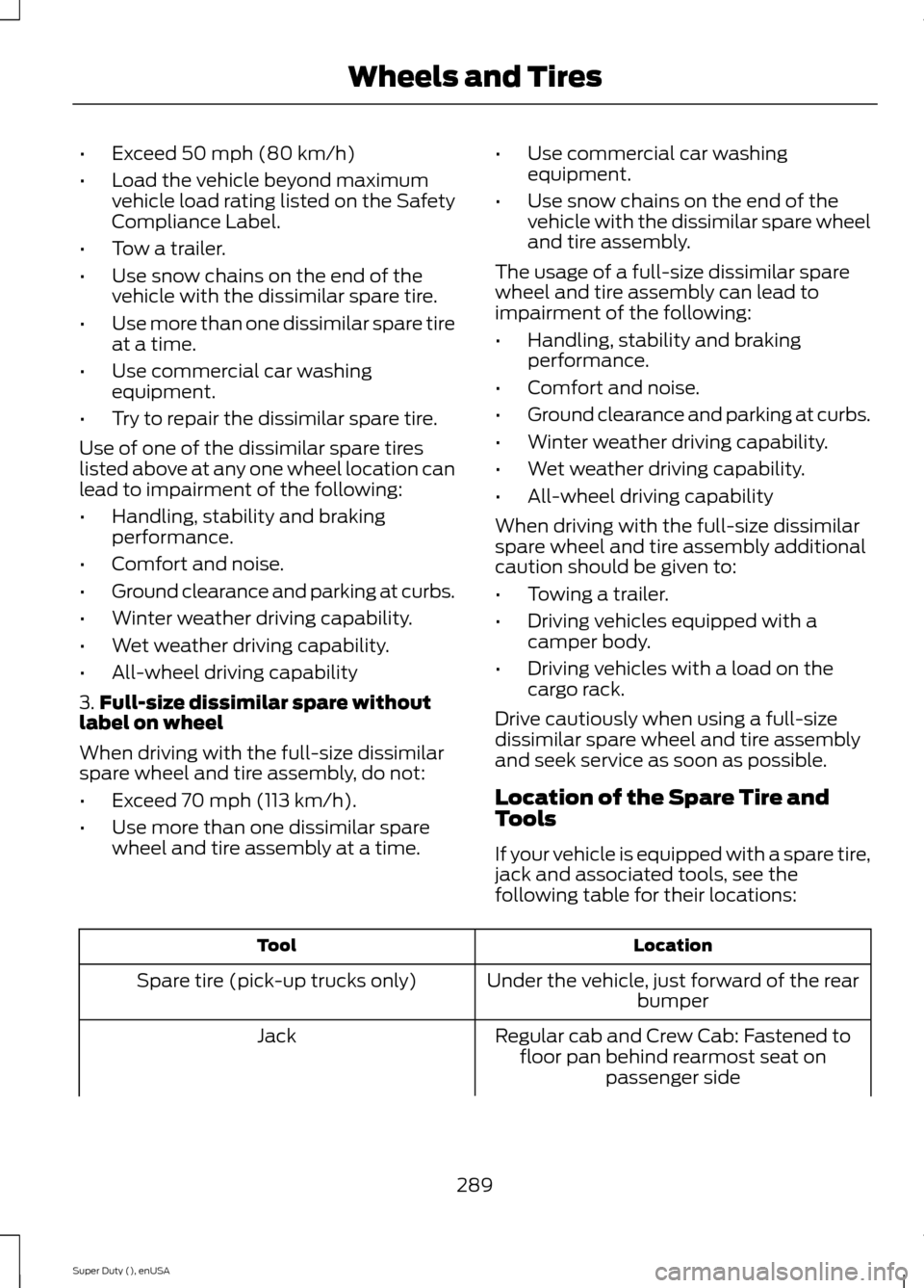 FORD SUPER DUTY 2015 3.G Owners Manual •Exceed 50 mph (80 km/h)
•Load the vehicle beyond maximumvehicle load rating listed on the SafetyCompliance Label.
•Tow a trailer.
•Use snow chains on the end of thevehicle with the dissimilar FORD SUPER DUTY 2015 3.G Owners Manual •Exceed 50 mph (80 km/h)
•Load the vehicle beyond maximumvehicle load rating listed on the SafetyCompliance Label.
•Tow a trailer.
•Use snow chains on the end of thevehicle with the dissimilar