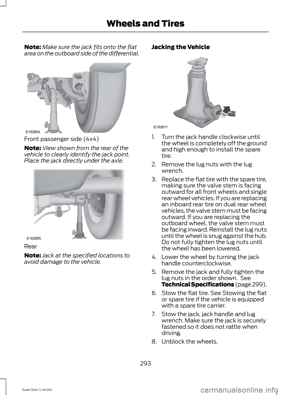 FORD SUPER DUTY 2015 3.G Owners Manual Note:Make sure the jack fits onto the flatarea on the outboard side of the differential.
Front passenger side (4x4)
Note:View shown from the rear of thevehicle to clearly identify the jack point.Place FORD SUPER DUTY 2015 3.G Owners Manual Note:Make sure the jack fits onto the flatarea on the outboard side of the differential.
Front passenger side (4x4)
Note:View shown from the rear of thevehicle to clearly identify the jack point.Place