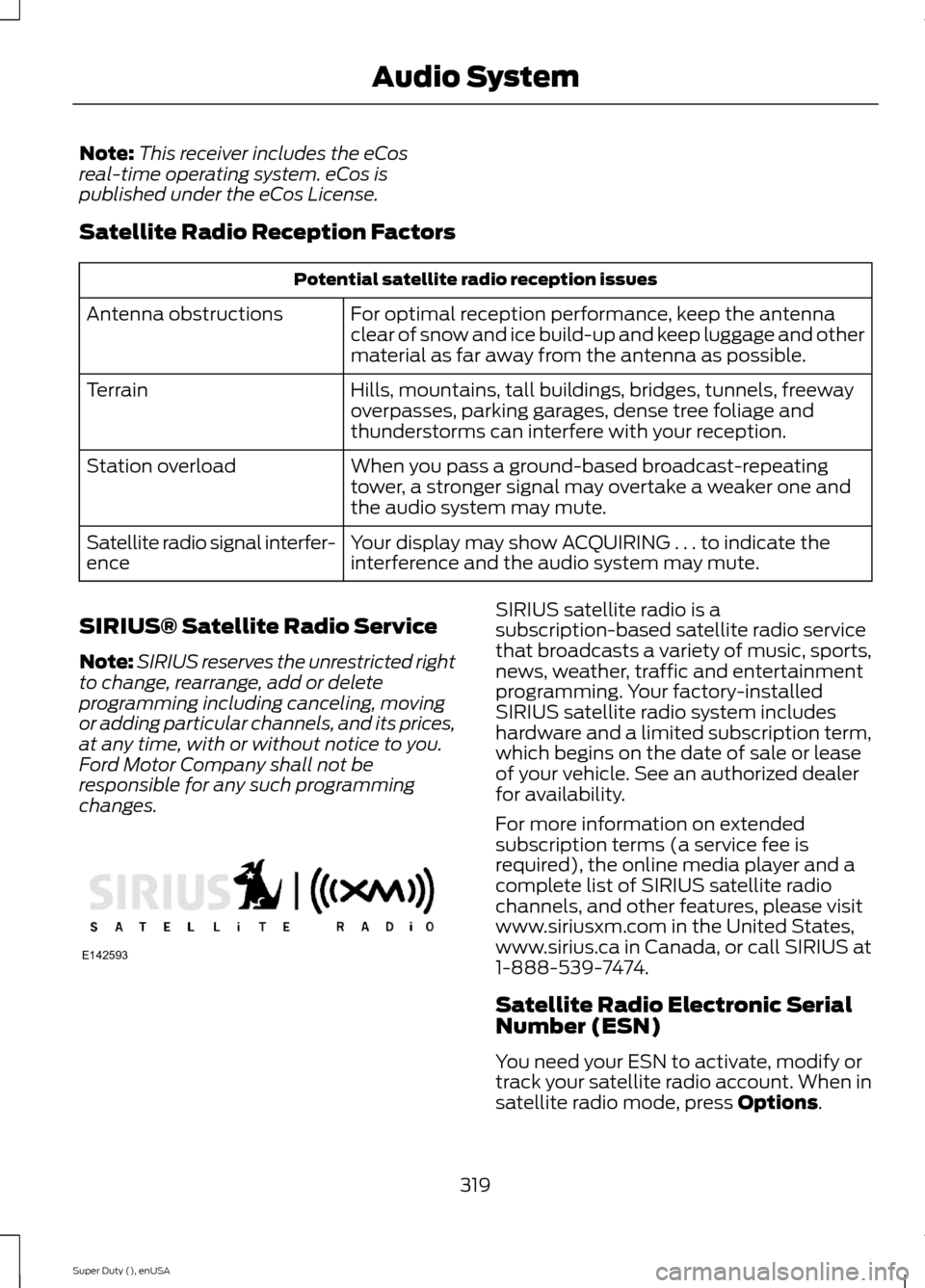 FORD SUPER DUTY 2015 3.G Owners Manual Note:This receiver includes the eCosreal-time operating system. eCos ispublished under the eCos License.
Satellite Radio Reception Factors
Potential satellite radio reception issues
For optimal recept FORD SUPER DUTY 2015 3.G Owners Manual Note:This receiver includes the eCosreal-time operating system. eCos ispublished under the eCos License.
Satellite Radio Reception Factors
Potential satellite radio reception issues
For optimal recept