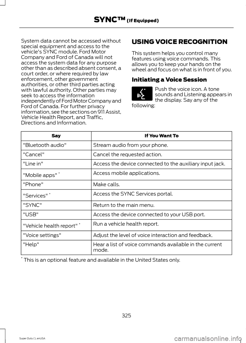 FORD SUPER DUTY 2015 3.G Owners Manual System data cannot be accessed withoutspecial equipment and access to thevehicles SYNC module. Ford MotorCompany and Ford of Canada will notaccess the system data for any purposeother than as describ FORD SUPER DUTY 2015 3.G Owners Manual System data cannot be accessed withoutspecial equipment and access to thevehicles SYNC module. Ford MotorCompany and Ford of Canada will notaccess the system data for any purposeother than as describ