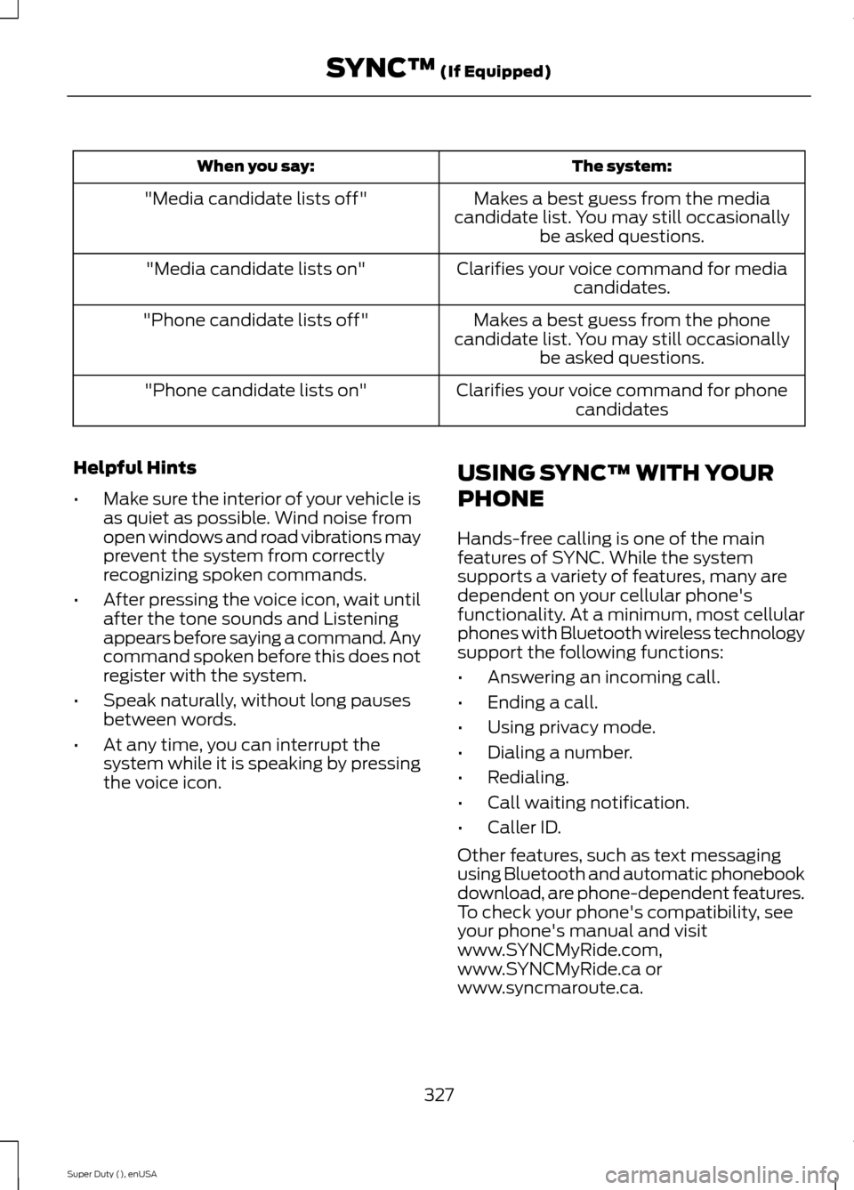 FORD SUPER DUTY 2015 3.G Owners Manual The system:When you say:
Makes a best guess from the mediacandidate list. You may still occasionallybe asked questions.
"Media candidate lists off"
Clarifies your voice command for mediacandidates."Me FORD SUPER DUTY 2015 3.G Owners Manual The system:When you say:
Makes a best guess from the mediacandidate list. You may still occasionallybe asked questions.
"Media candidate lists off"
Clarifies your voice command for mediacandidates."Me