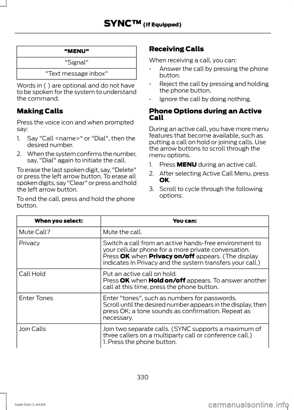 FORD SUPER DUTY 2015 3.G Owners Manual "MENU"
"Signal"
"Text message inbox"
Words in ( ) are optional and do not haveto be spoken for the system to understandthe command.
Making Calls
Press the voice icon and when promptedsay:
1.Say "Call FORD SUPER DUTY 2015 3.G Owners Manual "MENU"
"Signal"
"Text message inbox"
Words in ( ) are optional and do not haveto be spoken for the system to understandthe command.
Making Calls
Press the voice icon and when promptedsay:
1.Say "Call