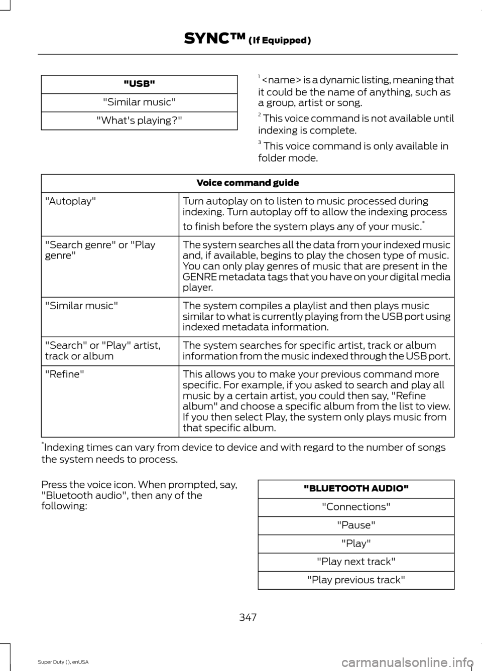 FORD SUPER DUTY 2015 3.G Owners Manual "USB"
"Similar music"
"Whats playing?"
1 <name> is a dynamic listing, meaning thatit could be the name of anything, such asa group, artist or song.2 This voice command is not available untilindexing FORD SUPER DUTY 2015 3.G Owners Manual "USB"
"Similar music"
"Whats playing?"
1 <name> is a dynamic listing, meaning thatit could be the name of anything, such asa group, artist or song.2 This voice command is not available untilindexing