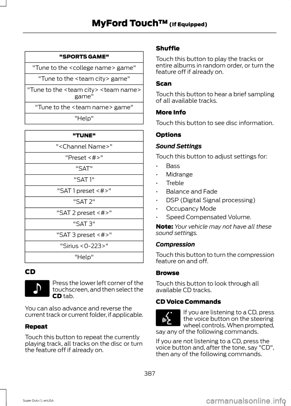 FORD SUPER DUTY 2015 3.G Owners Manual "SPORTS GAME"
"Tune to the <college name> game"
"Tune to the <team city> game"
"Tune to the <team city> <team name>game"
"Tune to the <team name> game"
"Help"
"TUNE"
"<Channel Name>"
"Preset <#>"
"SAT FORD SUPER DUTY 2015 3.G Owners Manual "SPORTS GAME"
"Tune to the <college name> game"
"Tune to the <team city> game"
"Tune to the <team city> <team name>game"
"Tune to the <team name> game"
"Help"
"TUNE"
"<Channel Name>"
"Preset <#>"
"SAT