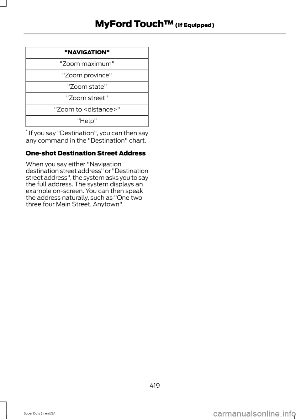 FORD SUPER DUTY 2015 3.G Owners Manual "NAVIGATION"
"Zoom maximum"
"Zoom province"
"Zoom state"
"Zoom street"
"Zoom to <distance>"
"Help"
* If you say "Destination", you can then sayany command in the "Destination" chart.
One-shot Destinat