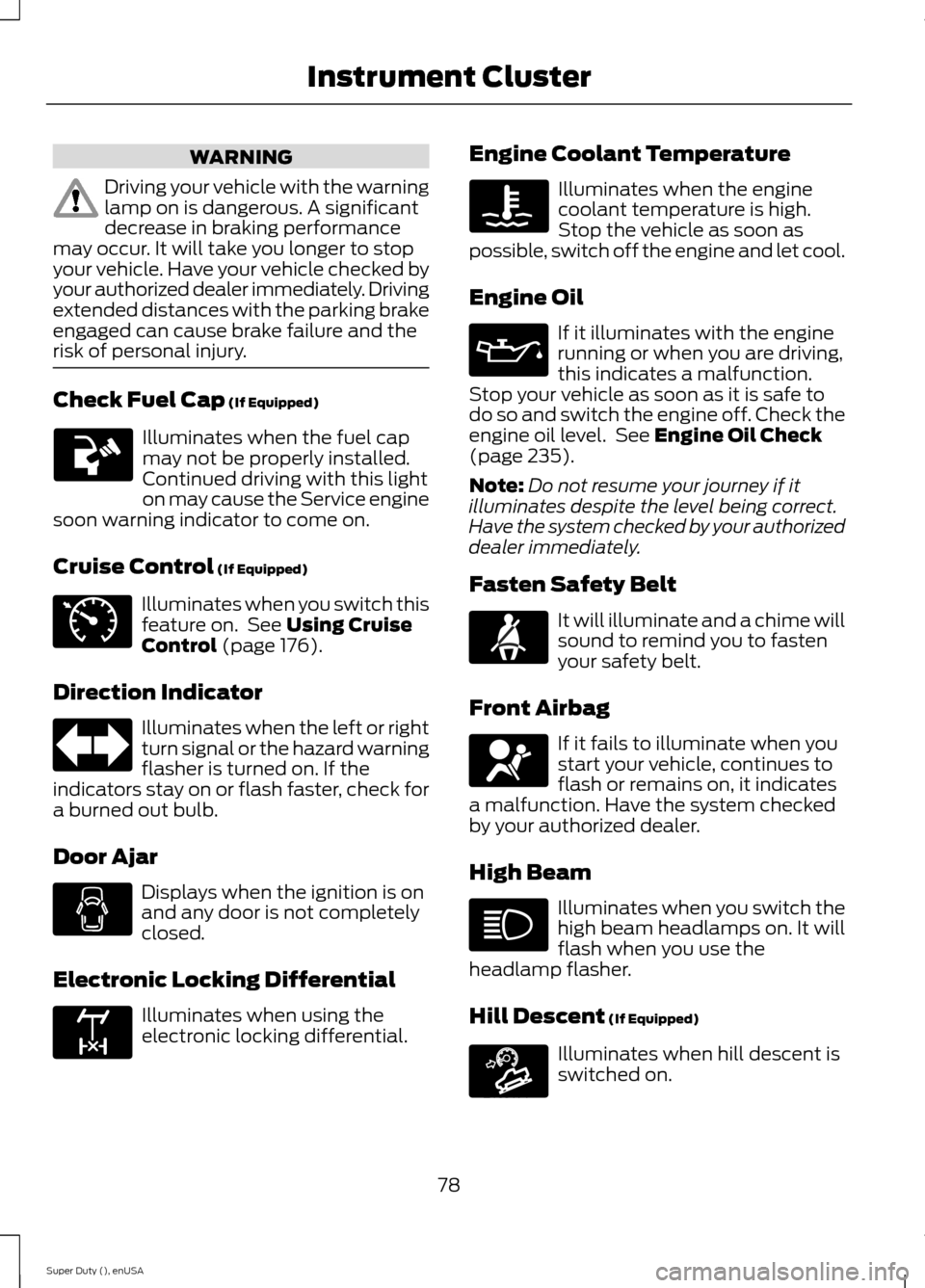 FORD SUPER DUTY 2015 3.G Owners Manual WARNING
Driving your vehicle with the warninglamp on is dangerous. A significantdecrease in braking performancemay occur. It will take you longer to stopyour vehicle. Have your vehicle checked byyour FORD SUPER DUTY 2015 3.G Owners Manual WARNING
Driving your vehicle with the warninglamp on is dangerous. A significantdecrease in braking performancemay occur. It will take you longer to stopyour vehicle. Have your vehicle checked byyour