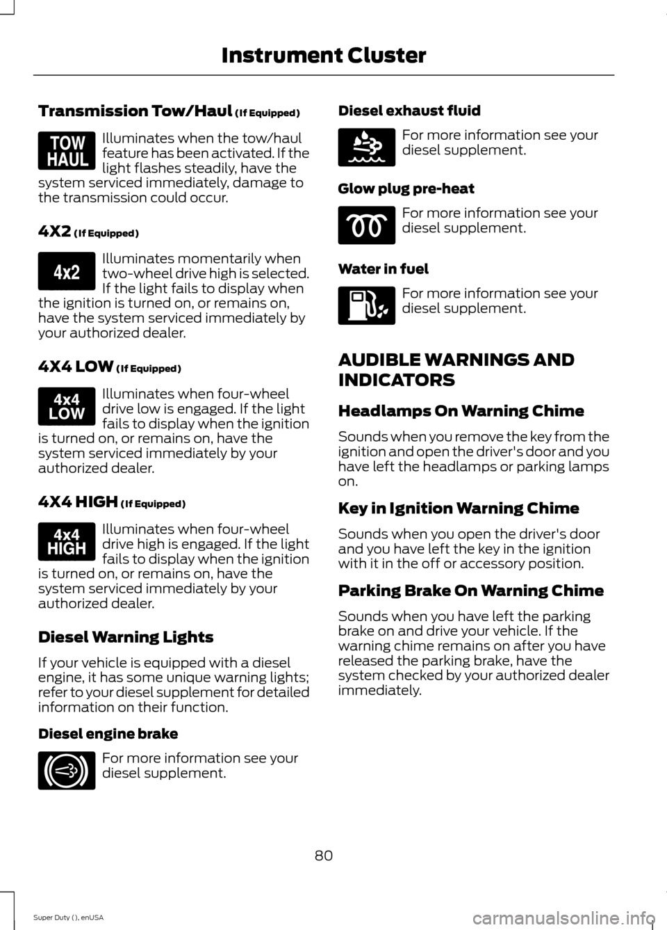 FORD SUPER DUTY 2015 3.G Owners Manual Transmission Tow/Haul (If Equipped)
Illuminates when the tow/haulfeature has been activated. If thelight flashes steadily, have thesystem serviced immediately, damage tothe transmission could occur.
4 FORD SUPER DUTY 2015 3.G Owners Manual Transmission Tow/Haul (If Equipped)
Illuminates when the tow/haulfeature has been activated. If thelight flashes steadily, have thesystem serviced immediately, damage tothe transmission could occur.
4