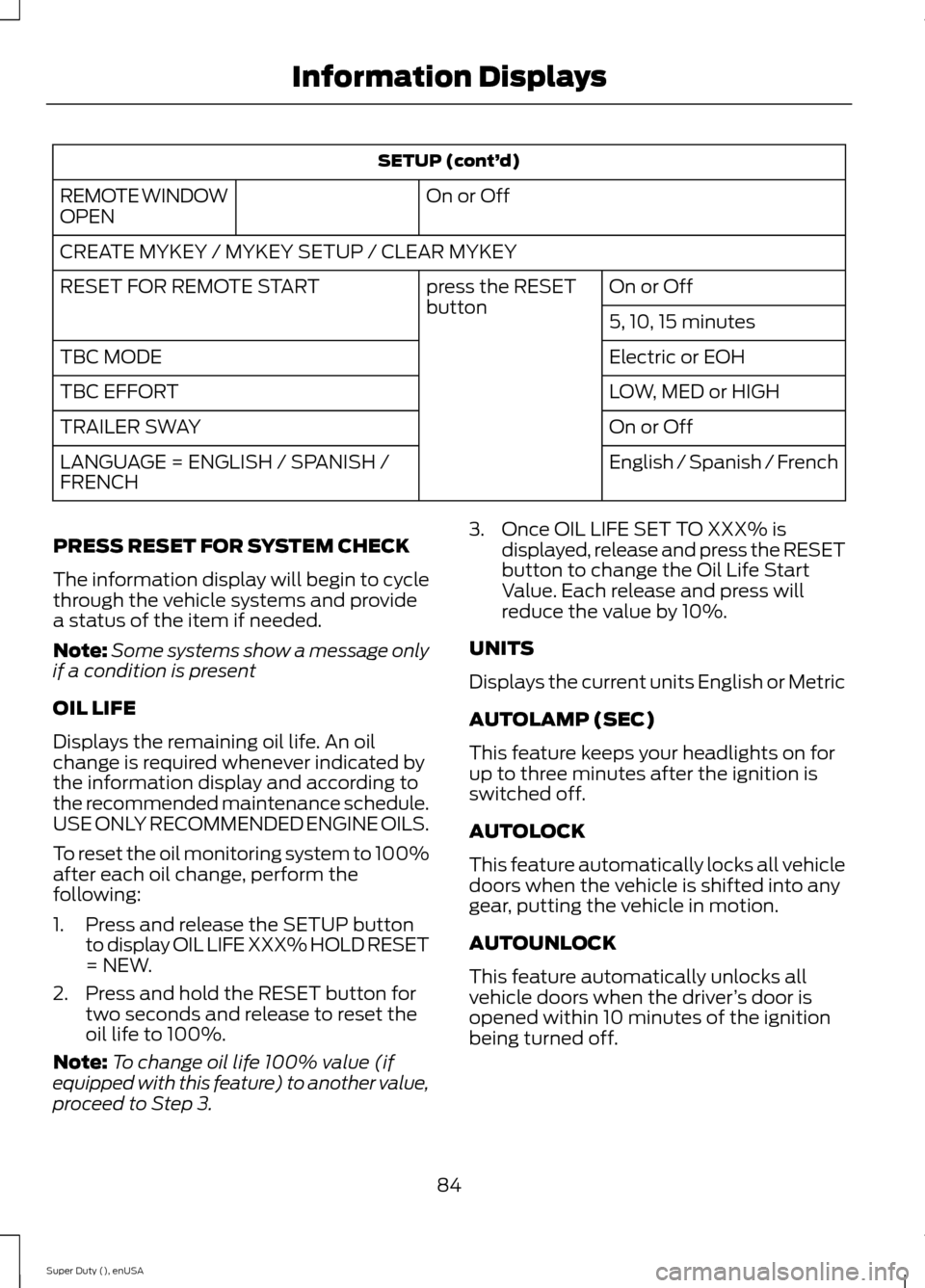 FORD SUPER DUTY 2015 3.G Owners Manual SETUP (cont’d)
On or OffREMOTE WINDOWOPEN
CREATE MYKEY / MYKEY SETUP / CLEAR MYKEY
On or Offpress the RESETbuttonRESET FOR REMOTE START
5, 10, 15 minutes
Electric or EOHTBC MODE
LOW, MED or HIGHTBC FORD SUPER DUTY 2015 3.G Owners Manual SETUP (cont’d)
On or OffREMOTE WINDOWOPEN
CREATE MYKEY / MYKEY SETUP / CLEAR MYKEY
On or Offpress the RESETbuttonRESET FOR REMOTE START
5, 10, 15 minutes
Electric or EOHTBC MODE
LOW, MED or HIGHTBC