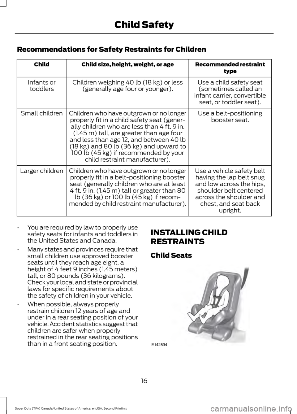 FORD SUPER DUTY 2016 3.G Owners Manual Recommendations for Safety Restraints for Children
Recommended restraint
type
Child size, height, weight, or age
Child
Use a child safety seat(sometimes called an
infant carrier, convertible seat, or FORD SUPER DUTY 2016 3.G Owners Manual Recommendations for Safety Restraints for Children
Recommended restraint
type
Child size, height, weight, or age
Child
Use a child safety seat(sometimes called an
infant carrier, convertible seat, or
