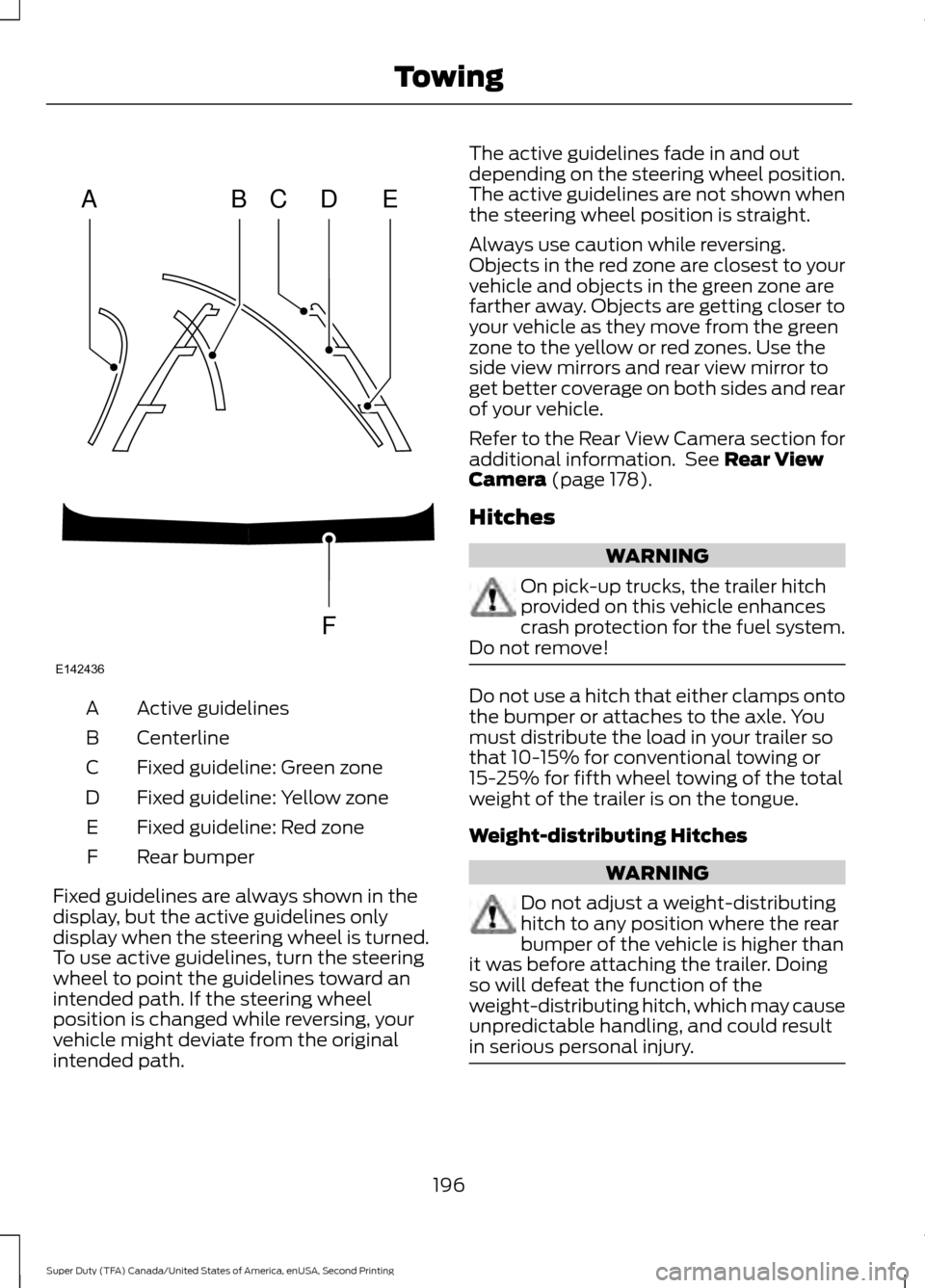 FORD SUPER DUTY 2016 3.G Owners Manual Active guidelines
A
Centerline
B
Fixed guideline: Green zone
C
Fixed guideline: Yellow zone
D
Fixed guideline: Red zone
E
Rear bumper
F
Fixed guidelines are always shown in the
display, but the active FORD SUPER DUTY 2016 3.G Owners Manual Active guidelines
A
Centerline
B
Fixed guideline: Green zone
C
Fixed guideline: Yellow zone
D
Fixed guideline: Red zone
E
Rear bumper
F
Fixed guidelines are always shown in the
display, but the active