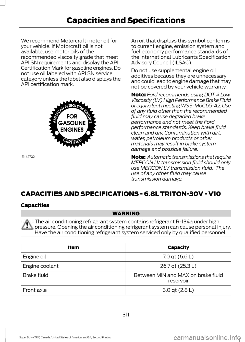 FORD SUPER DUTY 2016 3.G Owners Manual We recommend Motorcraft motor oil for
your vehicle. If Motorcraft oil is not
available, use motor oils of the
recommended viscosity grade that meet
API SN requirements and display the API
Certificatio FORD SUPER DUTY 2016 3.G Owners Manual We recommend Motorcraft motor oil for
your vehicle. If Motorcraft oil is not
available, use motor oils of the
recommended viscosity grade that meet
API SN requirements and display the API
Certificatio