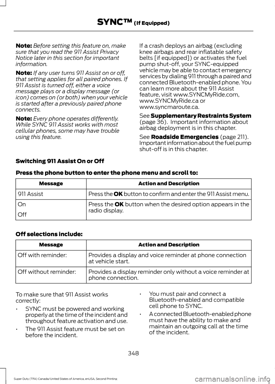 FORD SUPER DUTY 2016 3.G Owners Manual Note:
Before setting this feature on, make
sure that you read the 911 Assist Privacy
Notice later in this section for important
information.
Note: If any user turns 911 Assist on or off,
that setting FORD SUPER DUTY 2016 3.G Owners Manual Note:
Before setting this feature on, make
sure that you read the 911 Assist Privacy
Notice later in this section for important
information.
Note: If any user turns 911 Assist on or off,
that setting