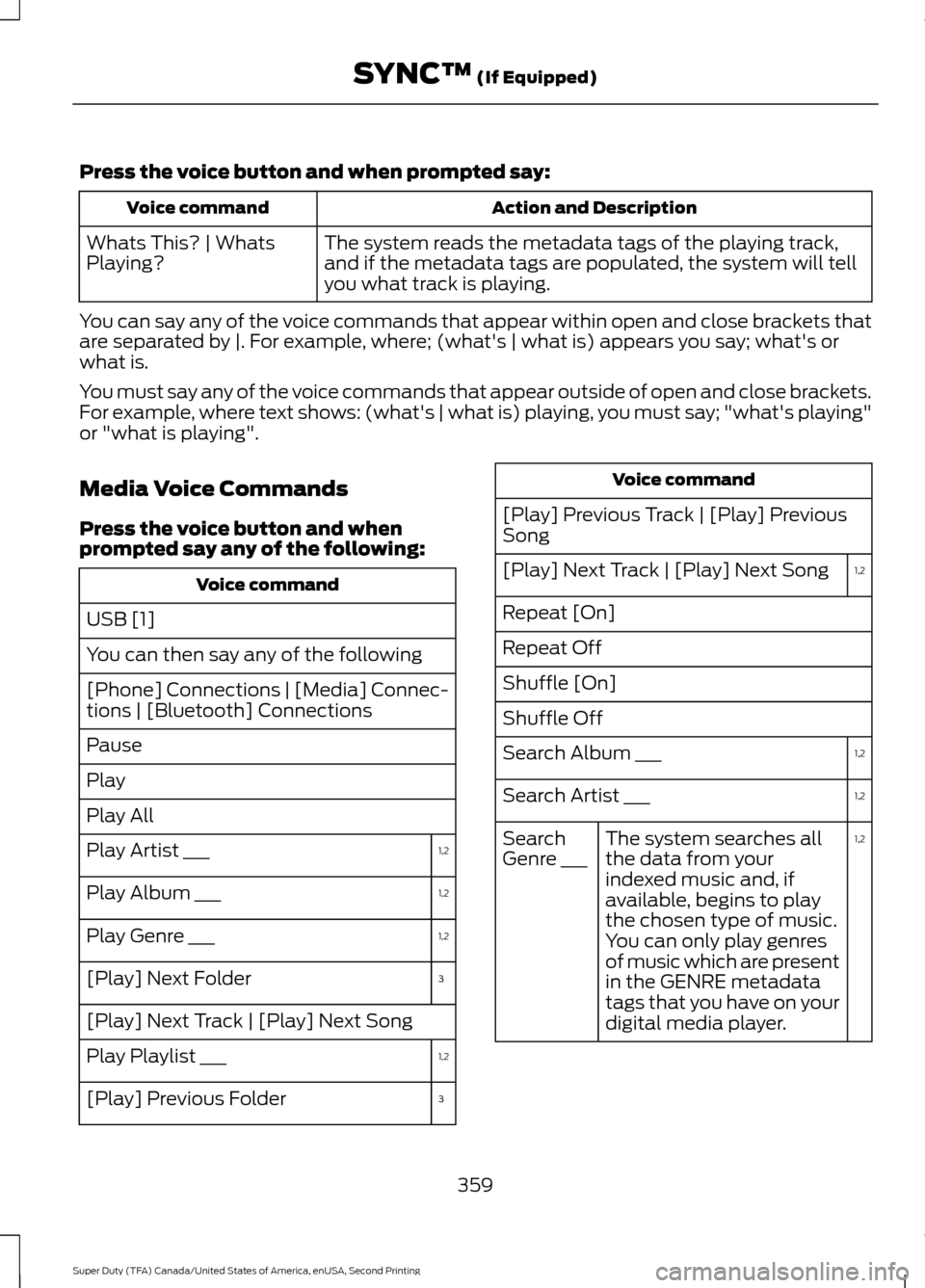 FORD SUPER DUTY 2016 3.G Owners Manual Press the voice button and when prompted say:
Action and Description
Voice command
The system reads the metadata tags of the playing track,
and if the metadata tags are populated, the system will tell FORD SUPER DUTY 2016 3.G Owners Manual Press the voice button and when prompted say:
Action and Description
Voice command
The system reads the metadata tags of the playing track,
and if the metadata tags are populated, the system will tell