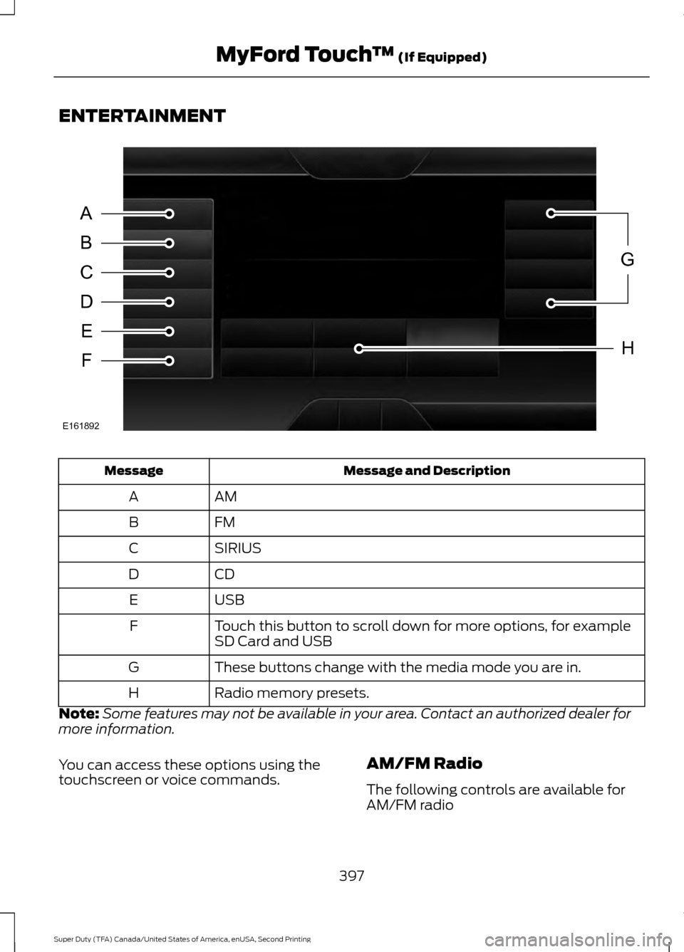 FORD SUPER DUTY 2016 3.G Owners Manual ENTERTAINMENT
Message and Description
Message
AM
A
FM
B
SIRIUS
C
CD
D
USB
E
Touch this button to scroll down for more options, for example
SD Card and USB
F
These buttons change with the media mode yo