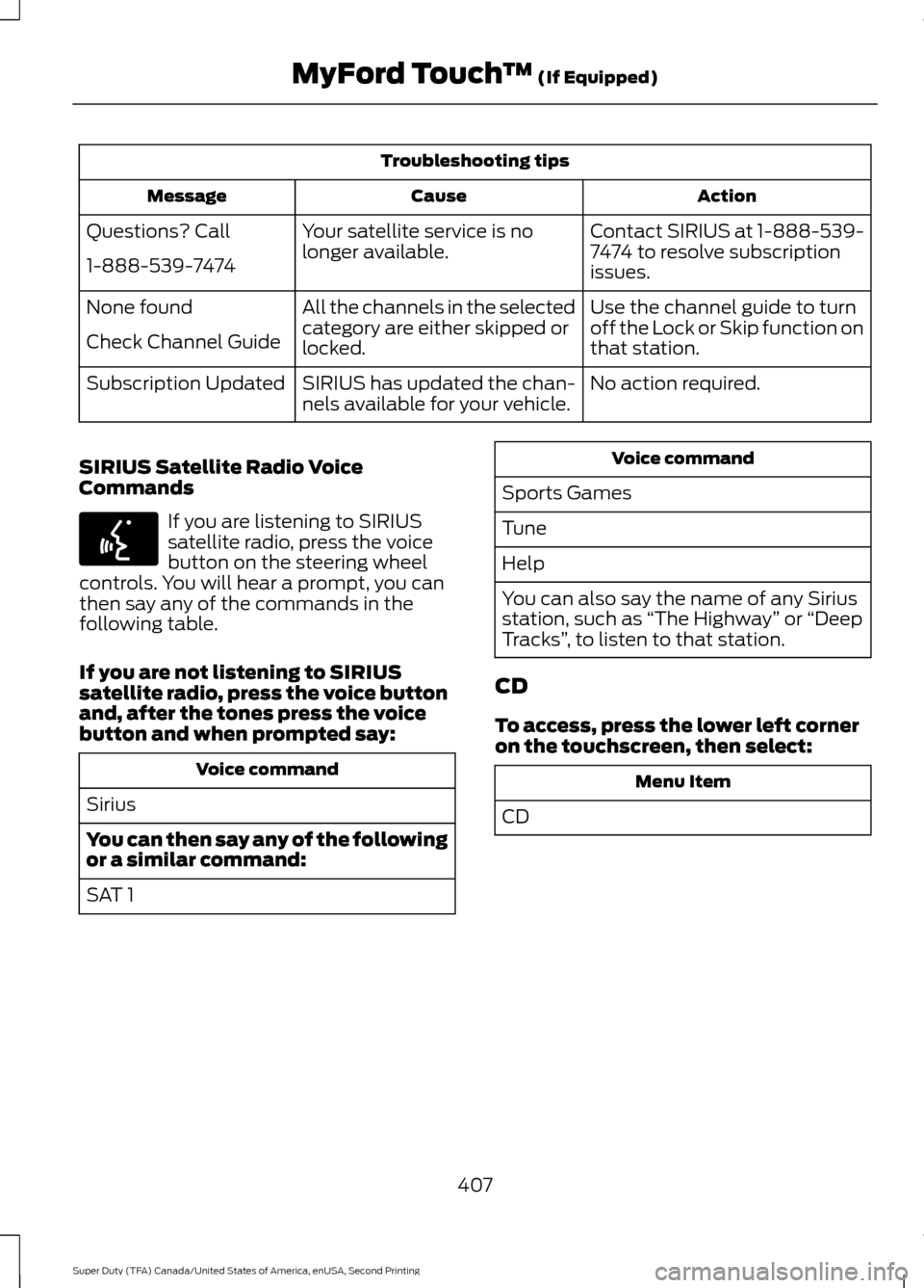 FORD SUPER DUTY 2016 3.G Owners Manual Troubleshooting tips
Action
Cause
Message
Contact SIRIUS at 1-888-539-
7474 to resolve subscription
issues.
Your satellite service is no
longer available.
Questions? Call
1-888-539-7474
Use the channe FORD SUPER DUTY 2016 3.G Owners Manual Troubleshooting tips
Action
Cause
Message
Contact SIRIUS at 1-888-539-
7474 to resolve subscription
issues.
Your satellite service is no
longer available.
Questions? Call
1-888-539-7474
Use the channe