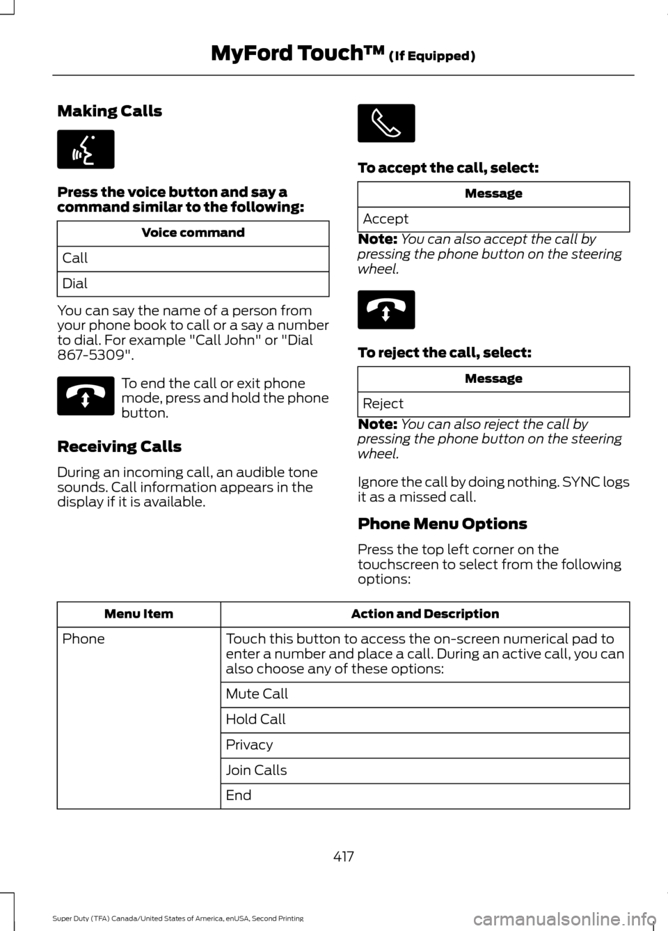 FORD SUPER DUTY 2016 3.G Owners Manual Making Calls
Press the voice button and say a
command similar to the following:
Voice command
Call
Dial
You can say the name of a person from
your phone book to call or a say a number
to dial. For exa FORD SUPER DUTY 2016 3.G Owners Manual Making Calls
Press the voice button and say a
command similar to the following:
Voice command
Call
Dial
You can say the name of a person from
your phone book to call or a say a number
to dial. For exa