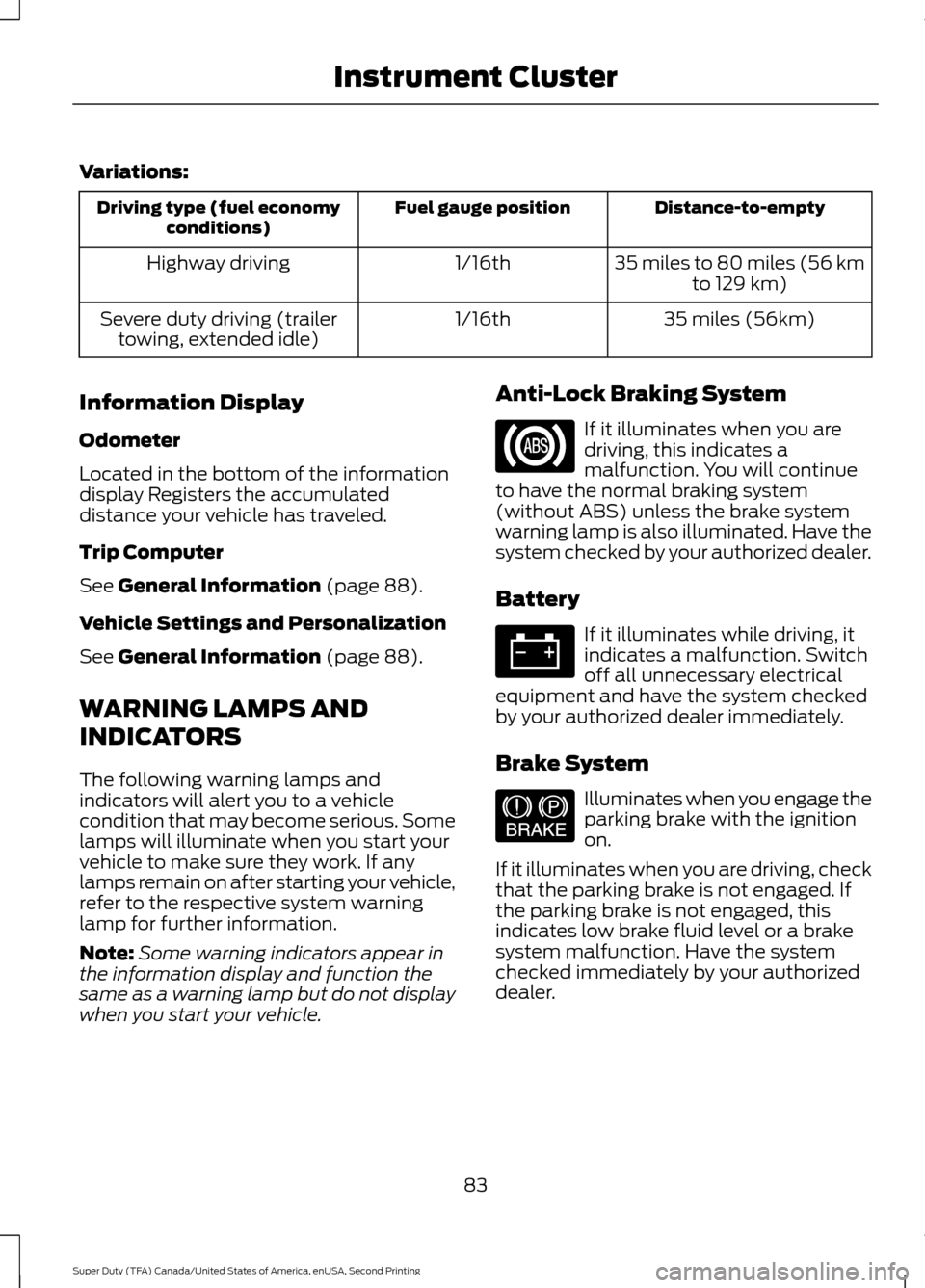 FORD SUPER DUTY 2016 3.G Owners Manual Variations:
Distance-to-empty
Fuel gauge position
Driving type (fuel economy
conditions)
35 miles to 80 miles (56 kmto 129 km)
1/16th
Highway driving
35 miles (56km)
1/16th
Severe duty driving (traile FORD SUPER DUTY 2016 3.G Owners Manual Variations:
Distance-to-empty
Fuel gauge position
Driving type (fuel economy
conditions)
35 miles to 80 miles (56 kmto 129 km)
1/16th
Highway driving
35 miles (56km)
1/16th
Severe duty driving (traile