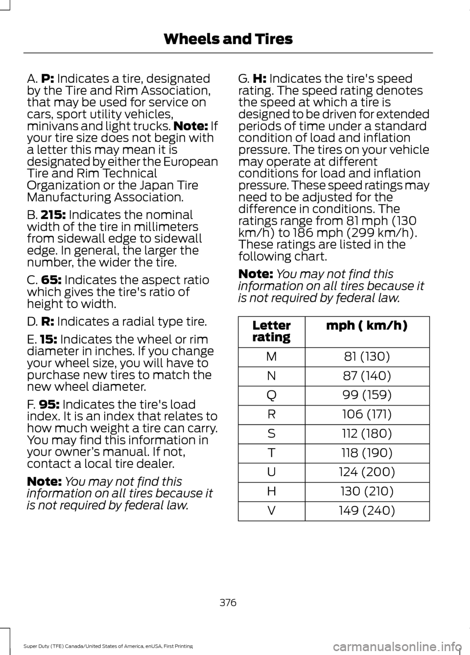 FORD SUPER DUTY 2017 4.G Owners Manual A.
P: Indicates a tire, designated
by the Tire and Rim Association,
that may be used for service on
cars, sport utility vehicles,
minivans and light trucks. Note:
If
your tire size does not begin wit FORD SUPER DUTY 2017 4.G Owners Manual A.
P: Indicates a tire, designated
by the Tire and Rim Association,
that may be used for service on
cars, sport utility vehicles,
minivans and light trucks. Note:
If
your tire size does not begin wit