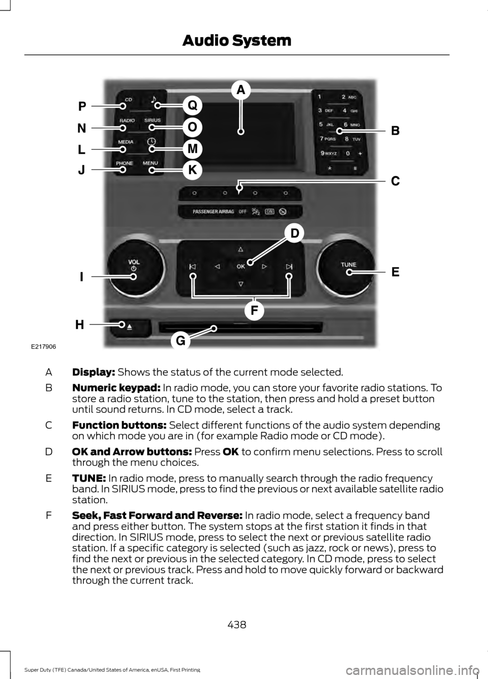 FORD SUPER DUTY 2017 4.G Owners Manual Display: Shows the status of the current mode selected.
A
Numeric keypad:
In radio mode, you can store your favorite radio stations. To
store a radio station, tune to the station, then press and hold FORD SUPER DUTY 2017 4.G Owners Manual Display: Shows the status of the current mode selected.
A
Numeric keypad:
In radio mode, you can store your favorite radio stations. To
store a radio station, tune to the station, then press and hold