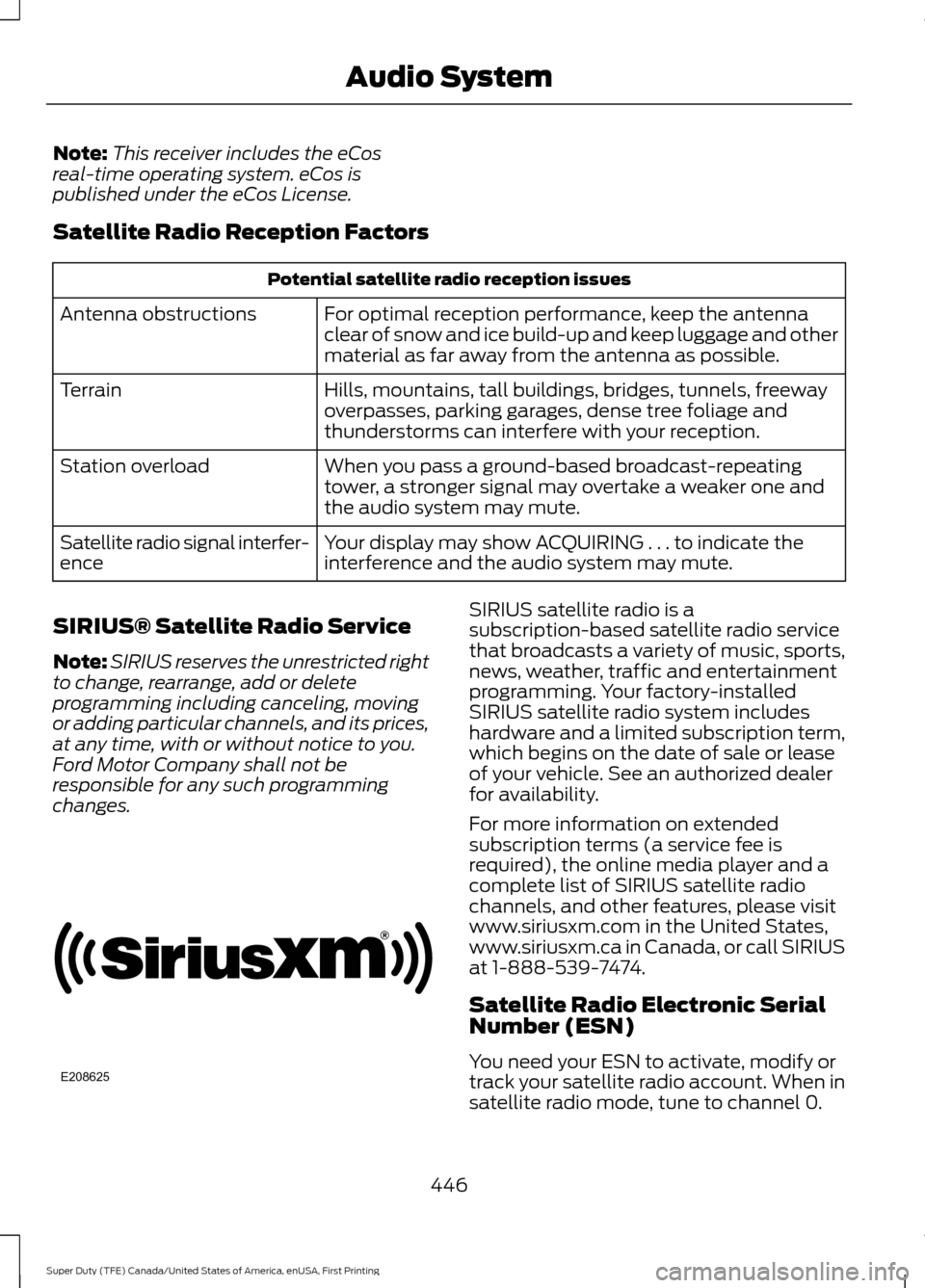 FORD SUPER DUTY 2017 4.G Owners Manual Note:
This receiver includes the eCos
real-time operating system. eCos is
published under the eCos License.
Satellite Radio Reception Factors Potential satellite radio reception issues
For optimal rec FORD SUPER DUTY 2017 4.G Owners Manual Note:
This receiver includes the eCos
real-time operating system. eCos is
published under the eCos License.
Satellite Radio Reception Factors Potential satellite radio reception issues
For optimal rec