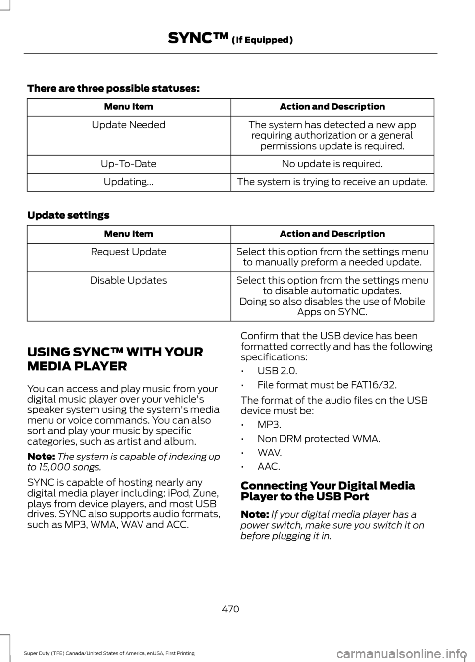 FORD SUPER DUTY 2017 4.G Owners Manual There are three possible statuses:
Action and Description
Menu Item
The system has detected a new apprequiring authorization or a general permissions update is required.
Update Needed
No update is req FORD SUPER DUTY 2017 4.G Owners Manual There are three possible statuses:
Action and Description
Menu Item
The system has detected a new apprequiring authorization or a general permissions update is required.
Update Needed
No update is req