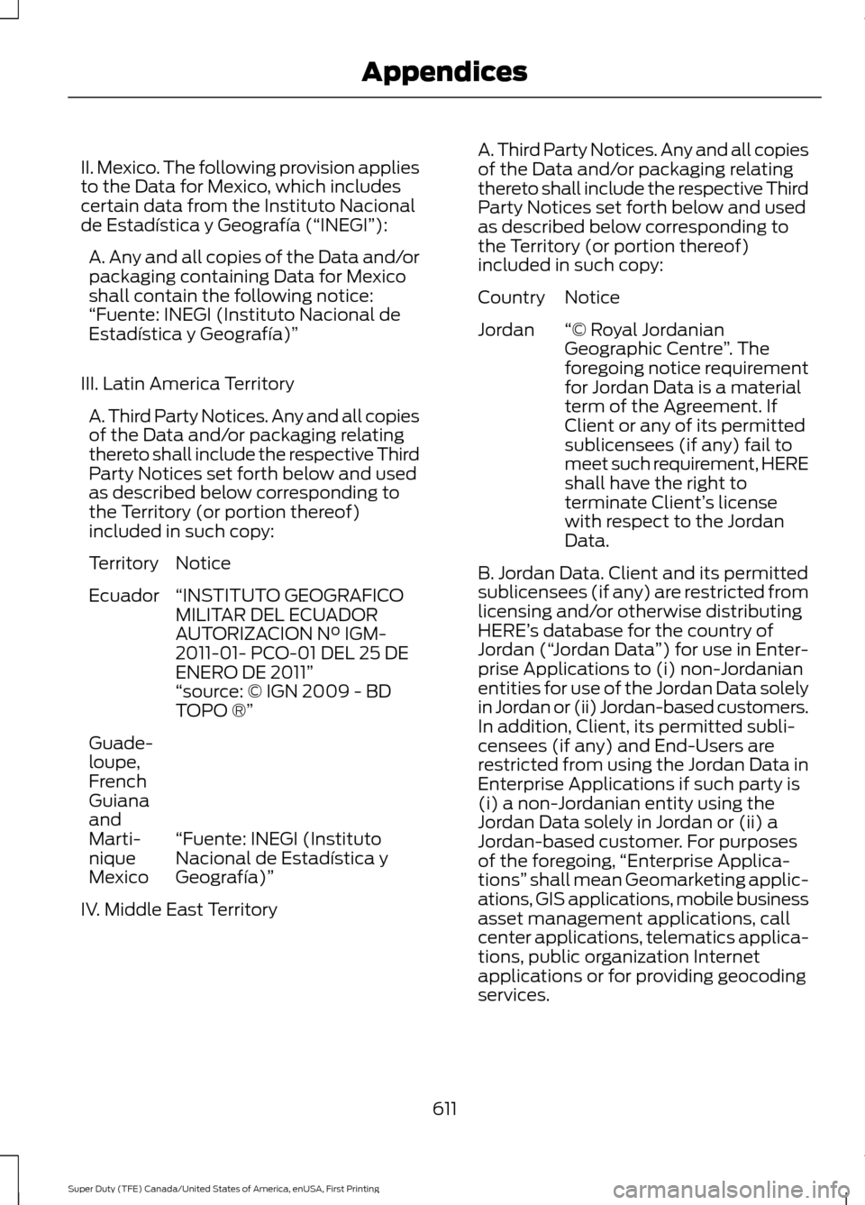 FORD SUPER DUTY 2017 4.G Owners Manual II. Mexico. The following provision applies
to the Data for Mexico, which includes
certain data from the Instituto Nacional
de Estadística y Geografía (“INEGI”):
A. Any and all copies of the Dat FORD SUPER DUTY 2017 4.G Owners Manual II. Mexico. The following provision applies
to the Data for Mexico, which includes
certain data from the Instituto Nacional
de Estadística y Geografía (“INEGI”):
A. Any and all copies of the Dat