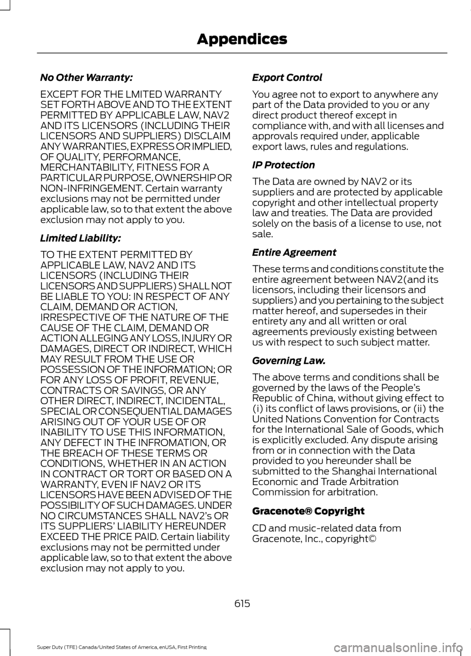 FORD SUPER DUTY 2017 4.G Owners Manual No Other Warranty:
EXCEPT FOR THE LMITED WARRANTY
SET FORTH ABOVE AND TO THE EXTENT
PERMITTED BY APPLICABLE LAW, NAV2
AND ITS LICENSORS (INCLUDING THEIR
LICENSORS AND SUPPLIERS) DISCLAIM
ANY WARRANTIE FORD SUPER DUTY 2017 4.G Owners Manual No Other Warranty:
EXCEPT FOR THE LMITED WARRANTY
SET FORTH ABOVE AND TO THE EXTENT
PERMITTED BY APPLICABLE LAW, NAV2
AND ITS LICENSORS (INCLUDING THEIR
LICENSORS AND SUPPLIERS) DISCLAIM
ANY WARRANTIE