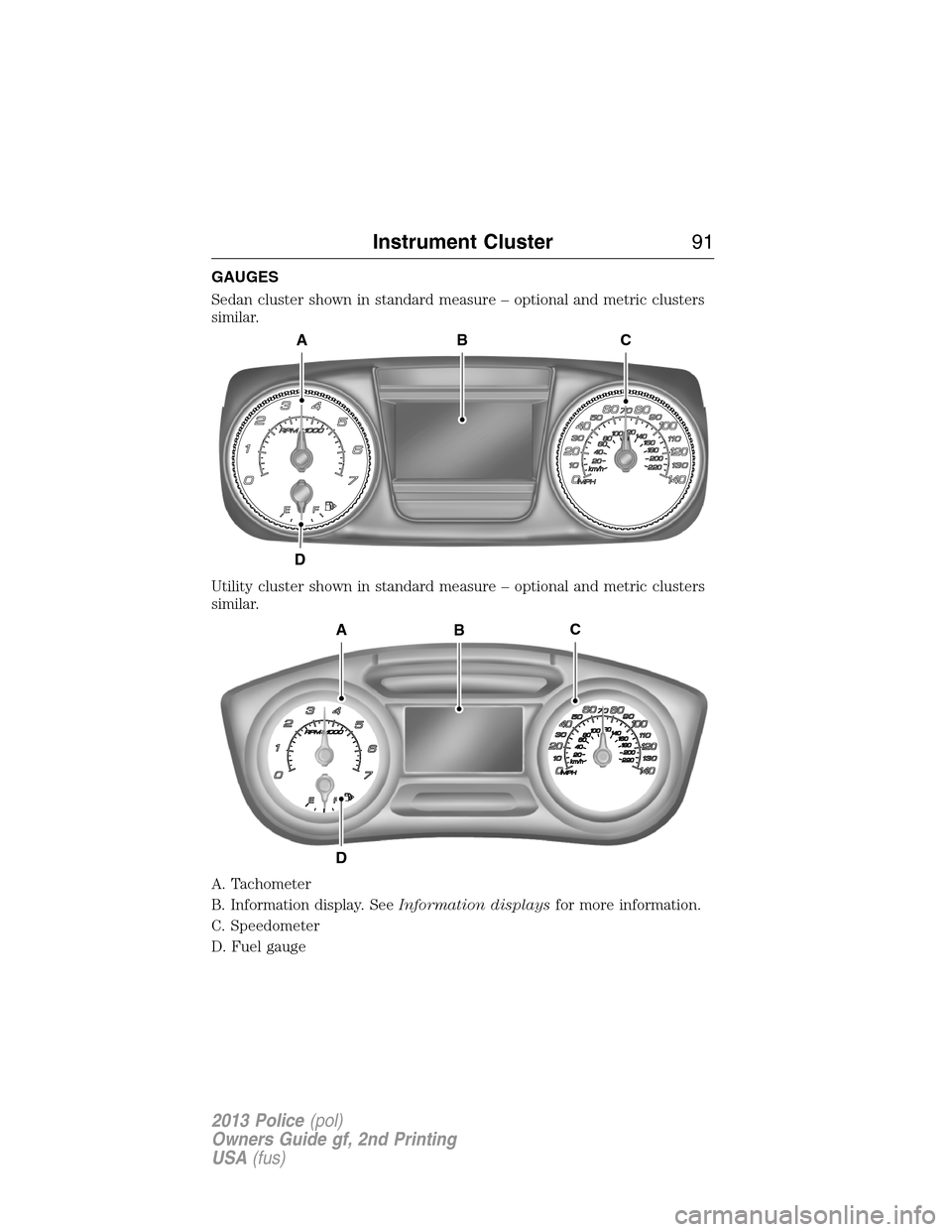 FORD POLICE INTERCEPTOR SEDAN 2013 1.G Owners Manual GAUGES
Sedan cluster shown in standard measure – optional and metric clusters
similar.
Utility cluster shown in standard measure – optional and metric clusters
similar.
A. Tachometer
B. Informatio