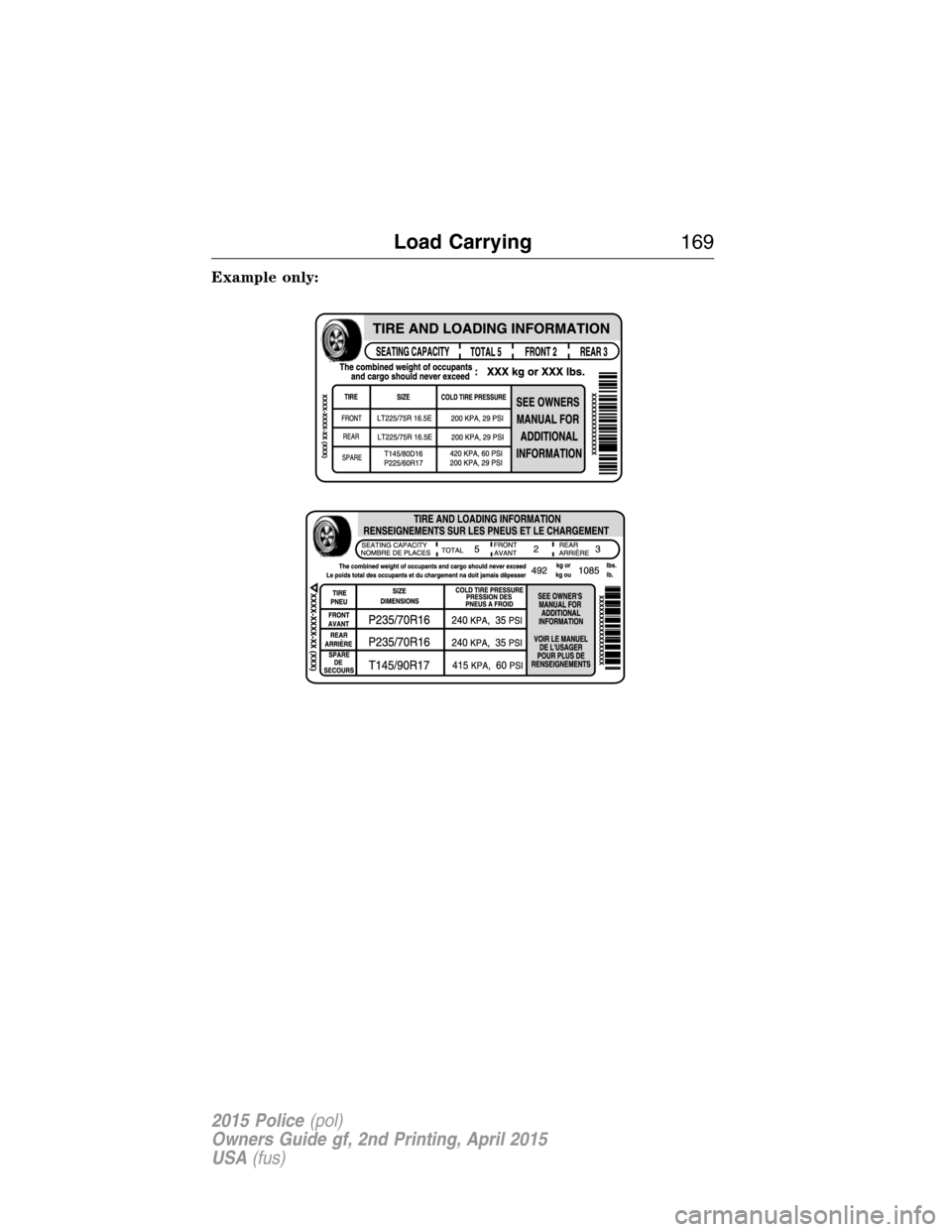 FORD POLICE INTERCEPTOR SEDAN 2015 1.G Owners Manual Example only:
Load Carrying169
2015 Police(pol)
Owners Guide gf, 2nd Printing, April 2015
USA(fus) 