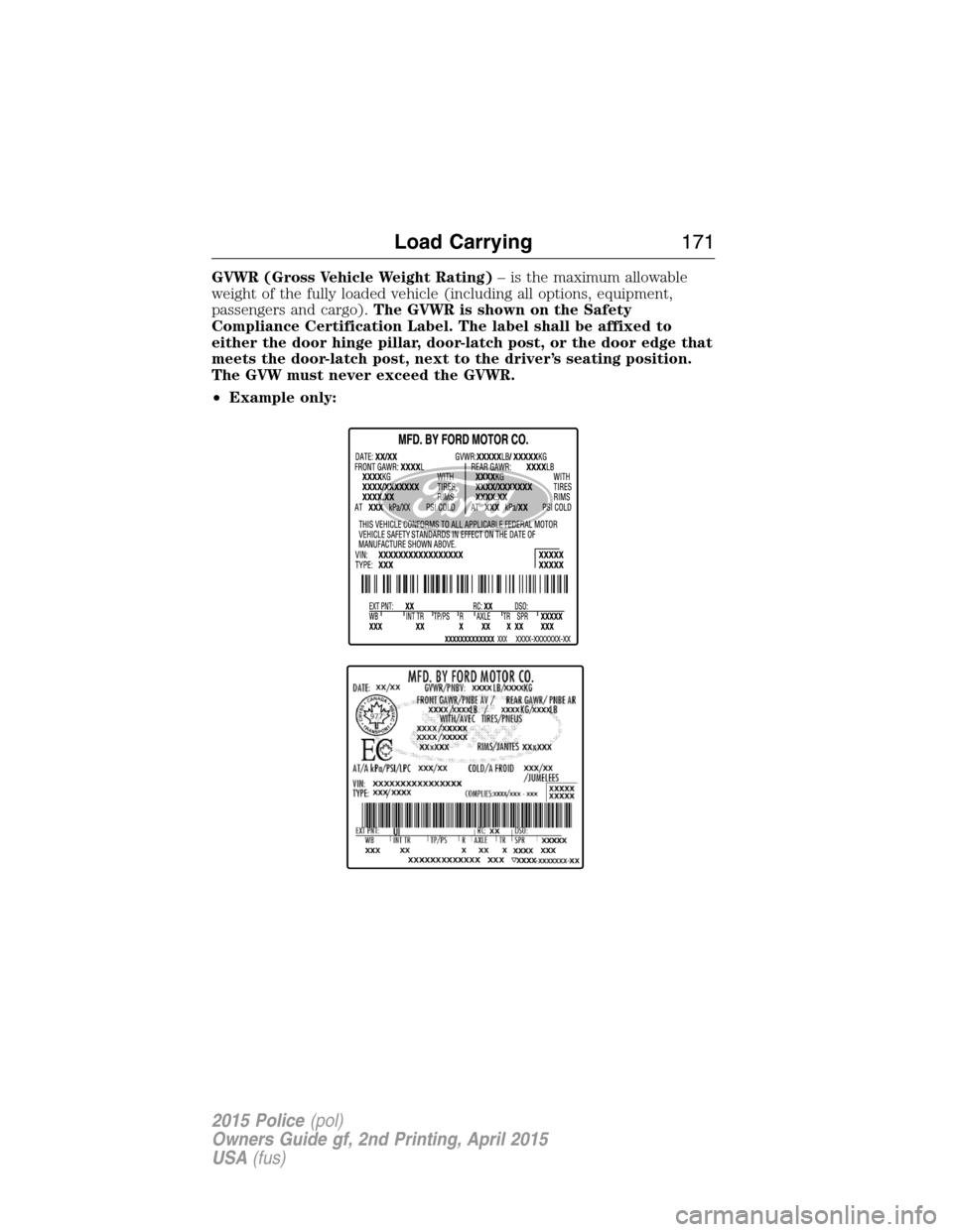 FORD POLICE INTERCEPTOR SEDAN 2015 1.G Owners Manual GVWR (Gross Vehicle Weight Rating)– is the maximum allowable
weight of the fully loaded vehicle (including all options, equipment,
passengers and cargo).The GVWR is shown on the Safety
Compliance Ce