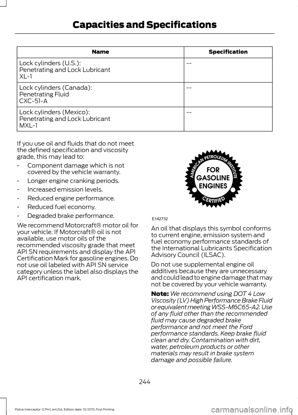FORD POLICE INTERCEPTOR SEDAN 2016 1.G Owners Manual Specification
Name
--
Lock cylinders (U.S.):
Penetrating and Lock Lubricant
XL-1
--
Lock cylinders (Canada):
Penetrating Fluid
CXC-51-A
--
Lock cylinders (Mexico):
Penetrating and Lock Lubricant
MXL-1