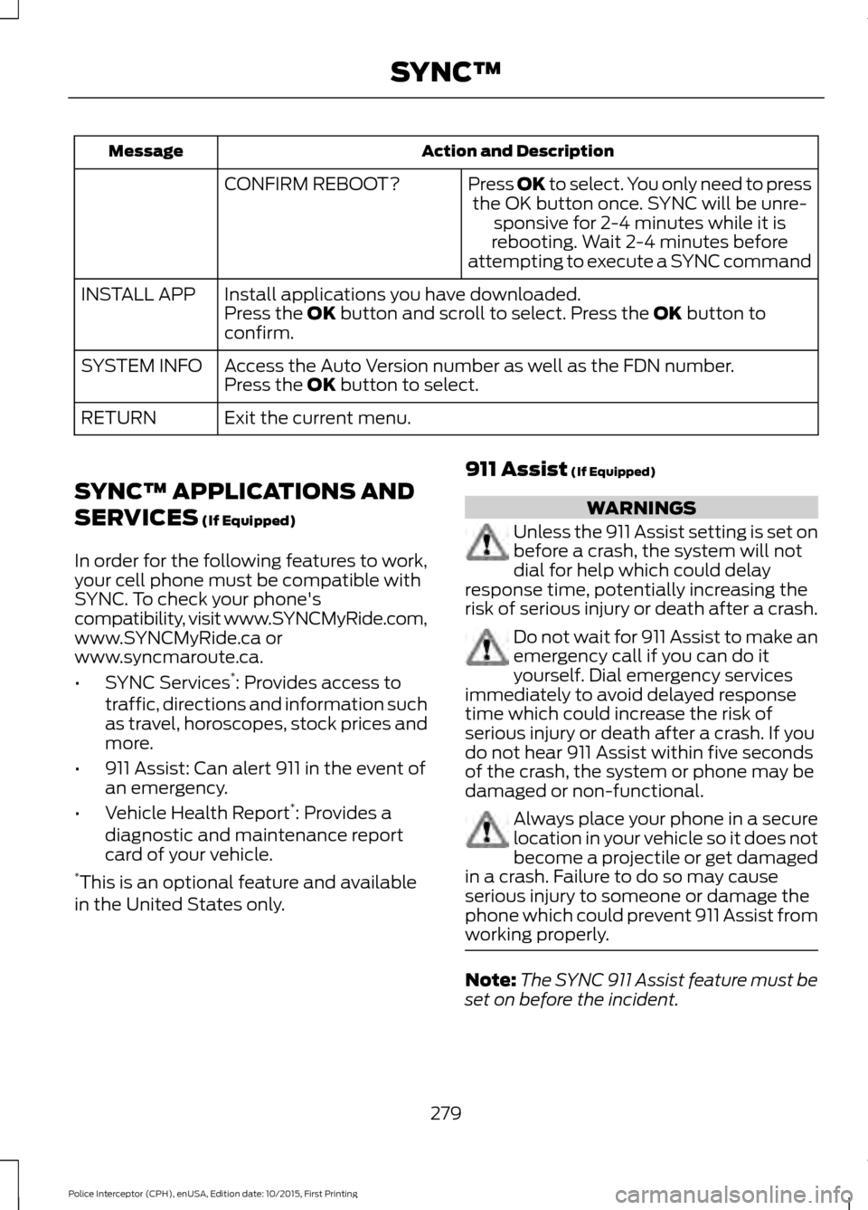 FORD POLICE INTERCEPTOR SEDAN 2016 1.G Owners Manual Action and Description
Message
Press OK to select. You only need to pressthe OK button once. SYNC will be unre- sponsive for 2-4 minutes while it is
rebooting. Wait 2-4 minutes before
attempting to ex