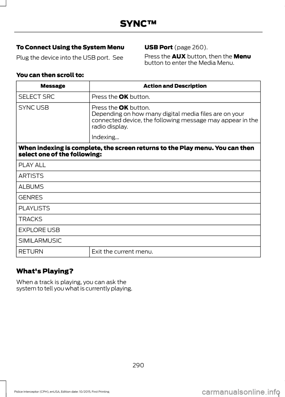 FORD POLICE INTERCEPTOR SEDAN 2016 1.G Owners Manual To Connect Using the System Menu
Plug the device into the USB port.  See
USB Port (page 260).
Press the 
AUX button, then the Menu
button to enter the Media Menu.
You can then scroll to: Action and De