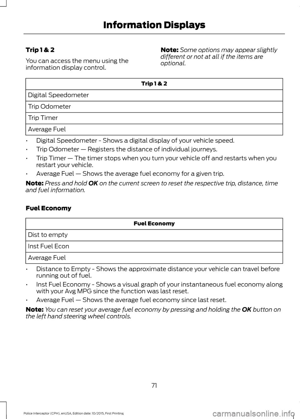 FORD POLICE INTERCEPTOR SEDAN 2016 1.G Owners Manual Trip 1 & 2
You can access the menu using the
information display control.
Note:
Some options may appear slightly
different or not at all if the items are
optional. Trip 1 & 2
Digital Speedometer
Trip 