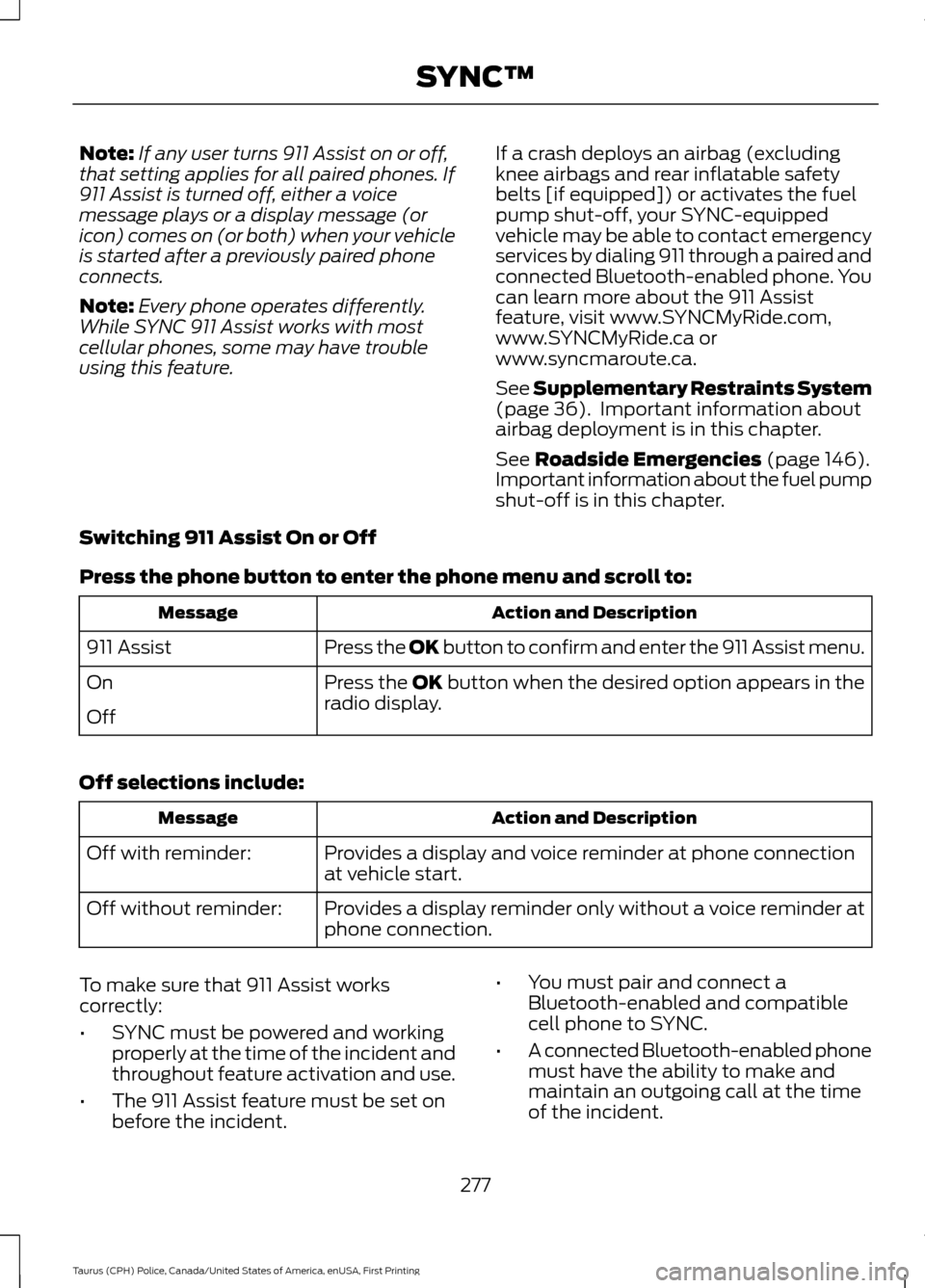 FORD POLICE INTERCEPTOR SEDAN 2017 1.G Owners Manual Note:
If any user turns 911 Assist on or off,
that setting applies for all paired phones. If
911 Assist is turned off, either a voice
message plays or a display message (or
icon) comes on (or both) wh