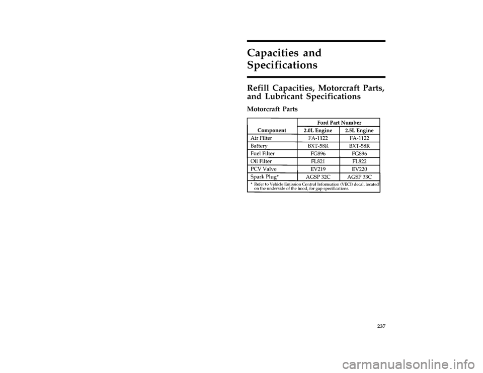 FORD PROBE 1997 2.G Owners Manual 237
Capacitiesand
*
File:12prcsp.ex 