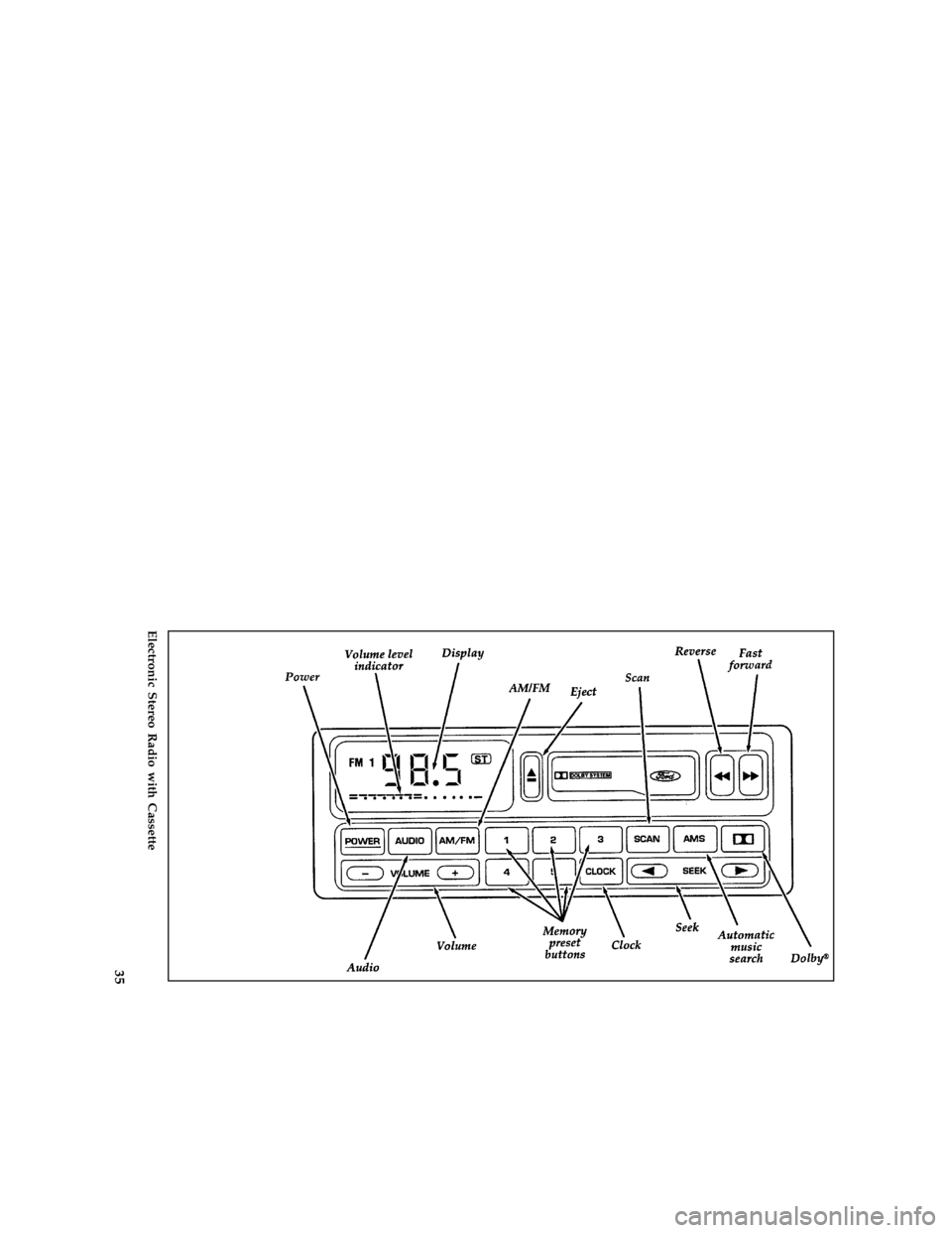 FORD PROBE 1997 2.G Owners Manual 35 [AS21360(ALL)05/96]
full page art:0095103-A
Electronic Stereo Radio with Cassette
File:04prasp.ex
Update:Mon Jun  3 10:03:33 1996 