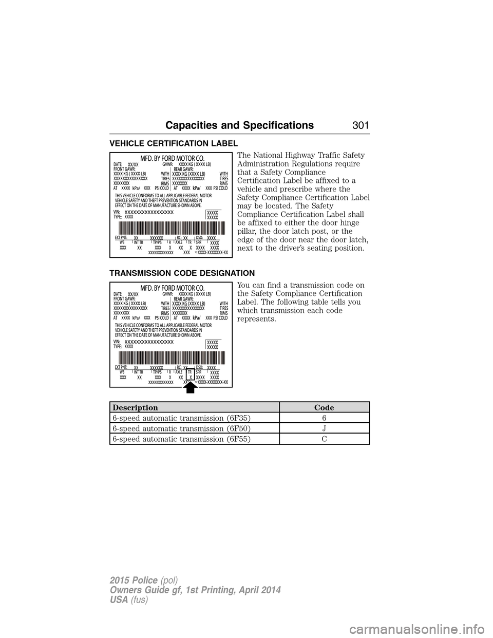 FORD POLICE INTERCEPTOR UTILITY 2015 1.G Owners Manual VEHICLE CERTIFICATION LABEL
The National Highway Traffic Safety
Administration Regulations require
that a Safety Compliance
Certification Label be affixed to a
vehicle and prescribe where the
Safety C