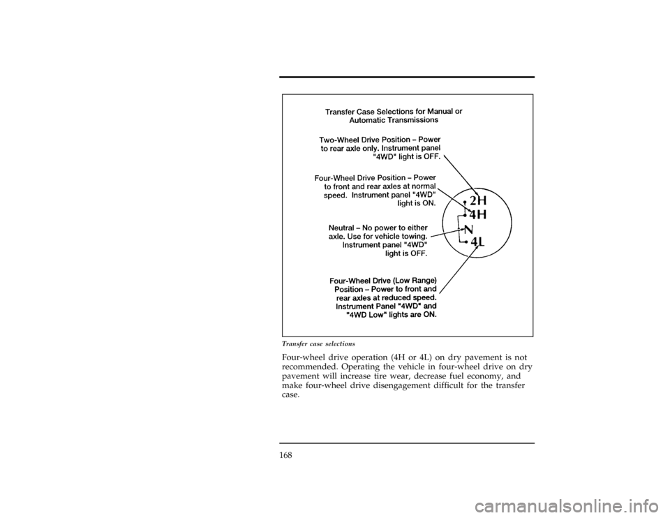 FORD RANGER 1996 2.G Owners Manual 168
[DR16280(R )05/95]
24 pica art:0090170-A
Transfer case selections
*
[DR16310(R )01/95]
Four-wheel drive operation (4H or 4L) on dry pavement is not
recommended. Operating the vehicle in four-wheel