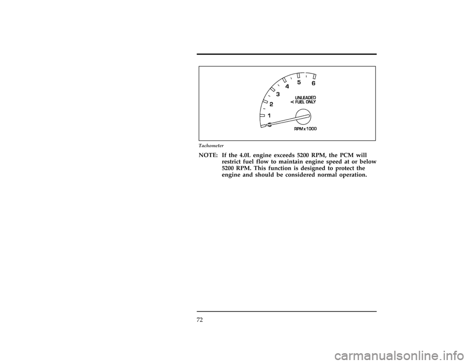 FORD RANGER 1996 2.G Owners Manual 72
[LG13650(ALL)05/94]
10-1/2 pica art:0020528-E
Tachometer
[LG13675(ALL)03/93]
NOTE: If the 4.0L engine exceeds 5200 RPM, the PCM will
restrict fuel flow to maintain engine speed at or below
5200 RPM
