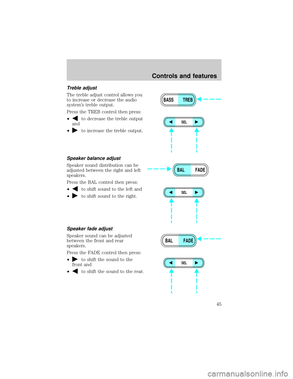 FORD RANGER 2001 2.G Owners Manual Treble adjust
The treble adjust control allows you
to increase or decrease the audio
systems treble output.
Press the TREB control then press:
²
to decrease the treble output
and
²
to increase the 