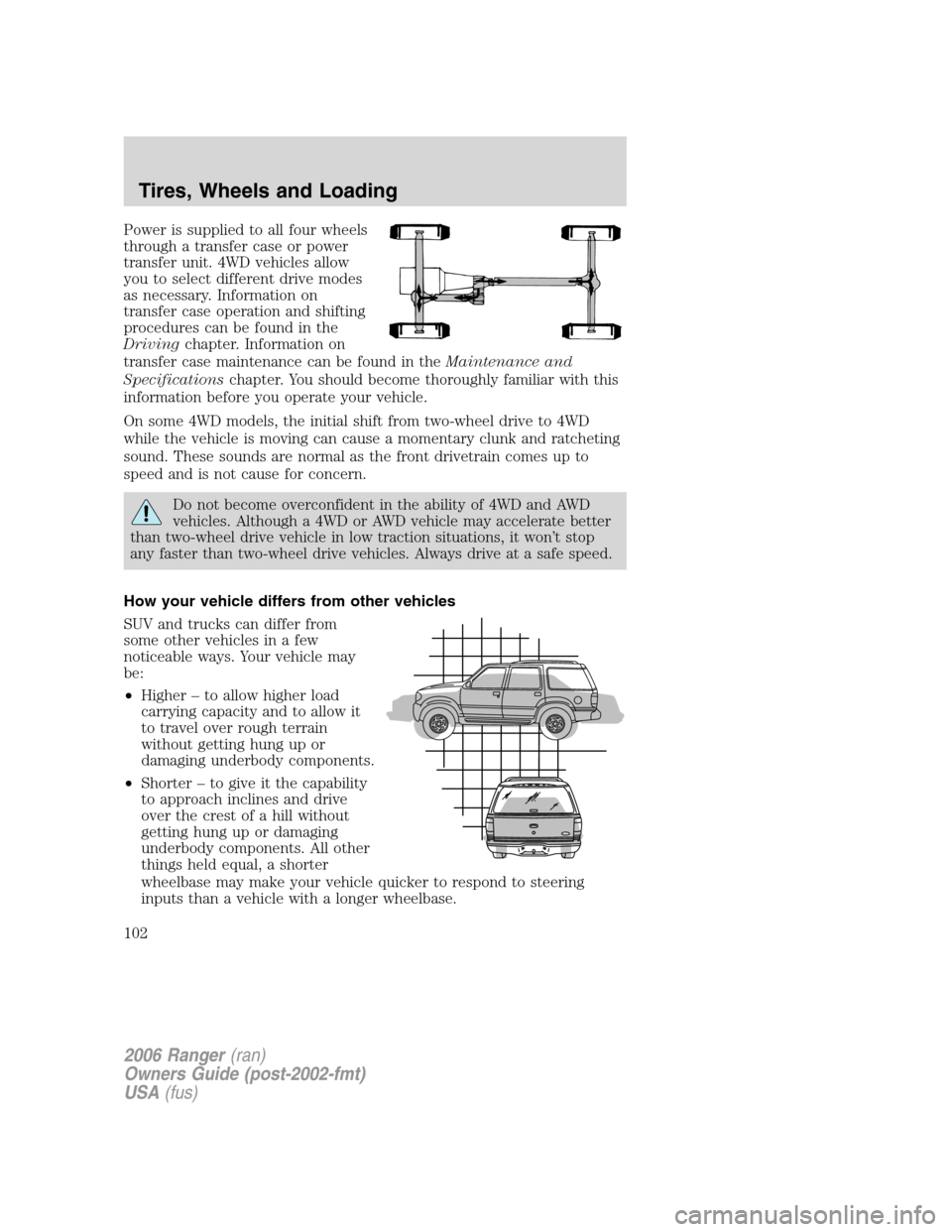 FORD RANGER 2006 2.G Owners Manual Power is supplied to all four wheels
through a transfer case or power
transfer unit. 4WD vehicles allow
you to select different drive modes
as necessary. Information on
transfer case operation and shi FORD RANGER 2006 2.G Owners Manual Power is supplied to all four wheels
through a transfer case or power
transfer unit. 4WD vehicles allow
you to select different drive modes
as necessary. Information on
transfer case operation and shi