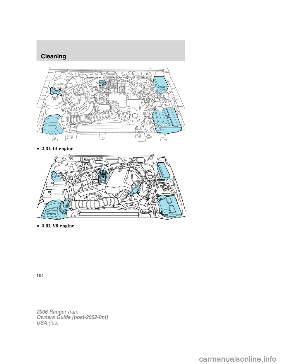 FORD RANGER 2006 2.G Owners Manual •2.3L I4 engine
•3.0L V6 engine
2006 Ranger(ran)
Owners Guide (post-2002-fmt)
USA(fus)
Cleaning
194 