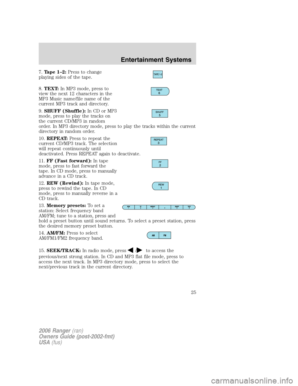FORD RANGER 2006 2.G Owners Manual 7.Tape 1–2:Press to change
playing sides of the tape.
8.TEXT:In MP3 mode, press to
view the next 12 characters in the
MP3 Music name/file name of the
current MP3 track and directory.
9.SHUFF (Shuffl FORD RANGER 2006 2.G Owners Manual 7.Tape 1–2:Press to change
playing sides of the tape.
8.TEXT:In MP3 mode, press to
view the next 12 characters in the
MP3 Music name/file name of the
current MP3 track and directory.
9.SHUFF (Shuffl