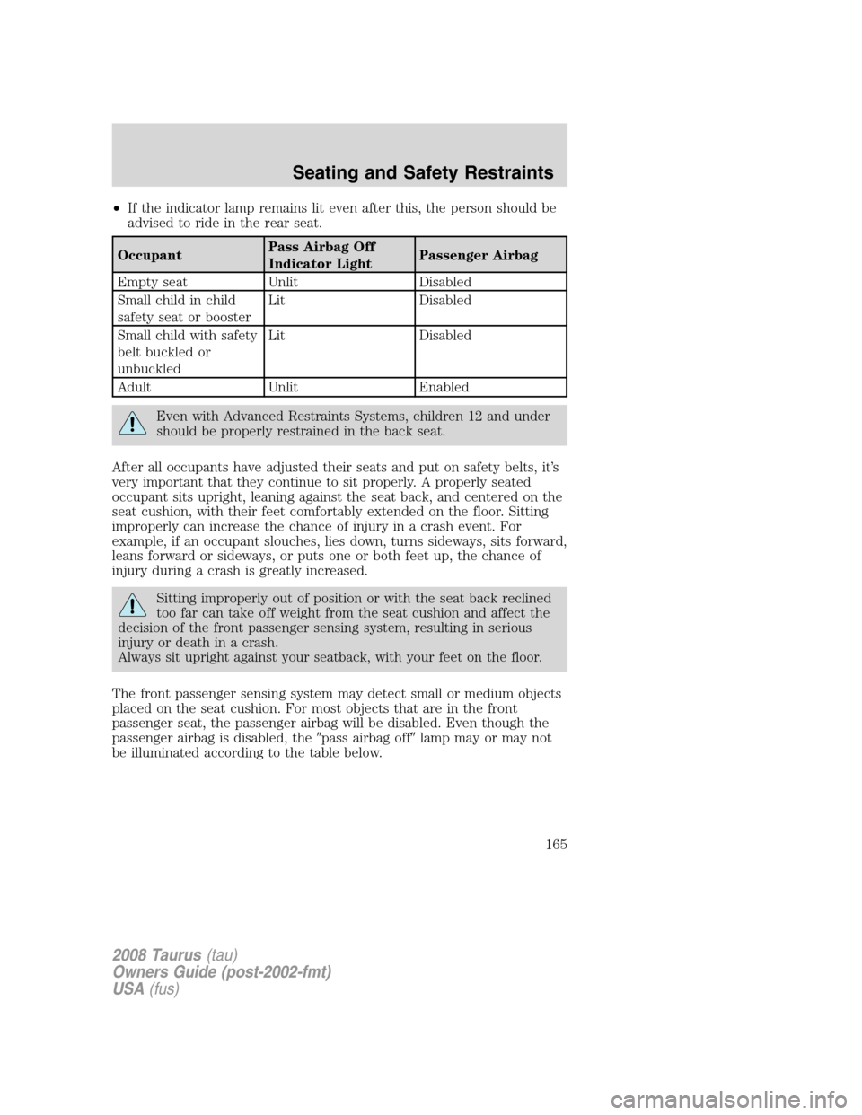 FORD TAURUS 2008 5.G Owners Manual •If the indicator lamp remains lit even after this, the person should be
advised to ride in the rear seat.
OccupantPass Airbag Off
Indicator LightPassenger Airbag
Empty seat Unlit Disabled
Small chi FORD TAURUS 2008 5.G Owners Manual •If the indicator lamp remains lit even after this, the person should be
advised to ride in the rear seat.
OccupantPass Airbag Off
Indicator LightPassenger Airbag
Empty seat Unlit Disabled
Small chi