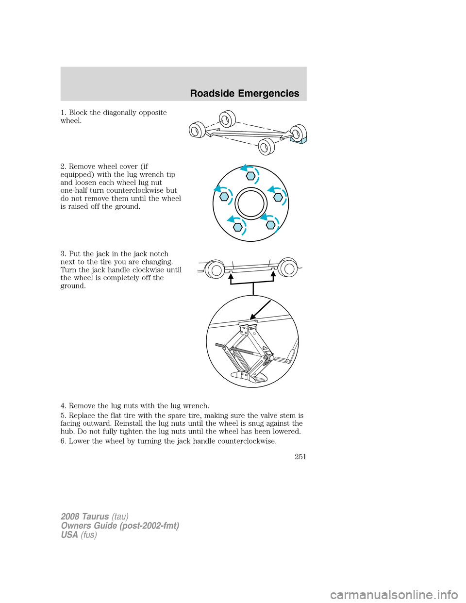 FORD TAURUS 2008 5.G Owners Manual 1. Block the diagonally opposite
wheel.
2. Remove wheel cover (if
equipped) with the lug wrench tip
and loosen each wheel lug nut
one-half turn counterclockwise but
do not remove them until the wheel
