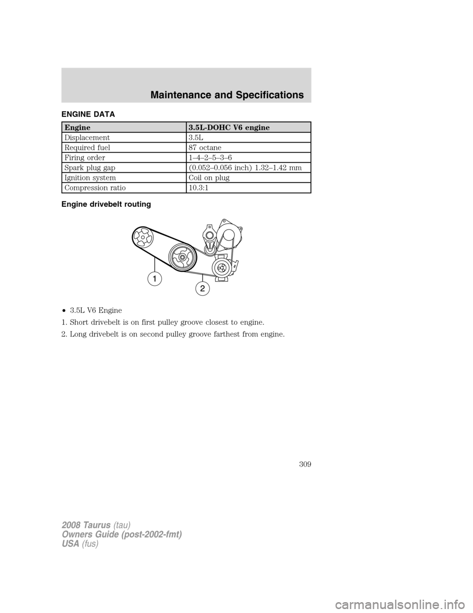 FORD TAURUS 2008 5.G Owners Manual ENGINE DATA
Engine 3.5L-DOHC V6 engine
Displacement 3.5L
Required fuel 87 octane
Firing order 1–4–2–5–3–6
Spark plug gap (0.052–0.056 inch) 1.32–1.42 mm
Ignition system Coil on plug
Comp